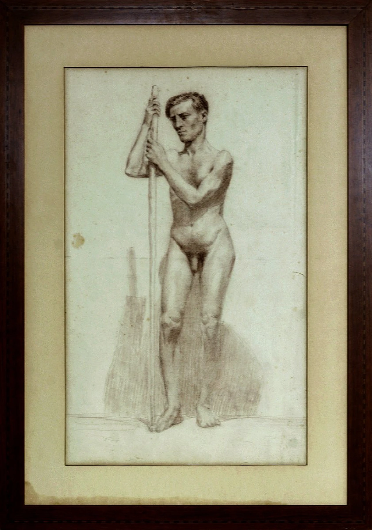 Studio accademico di nudo maschile con bastone, matita su carta, '800 1