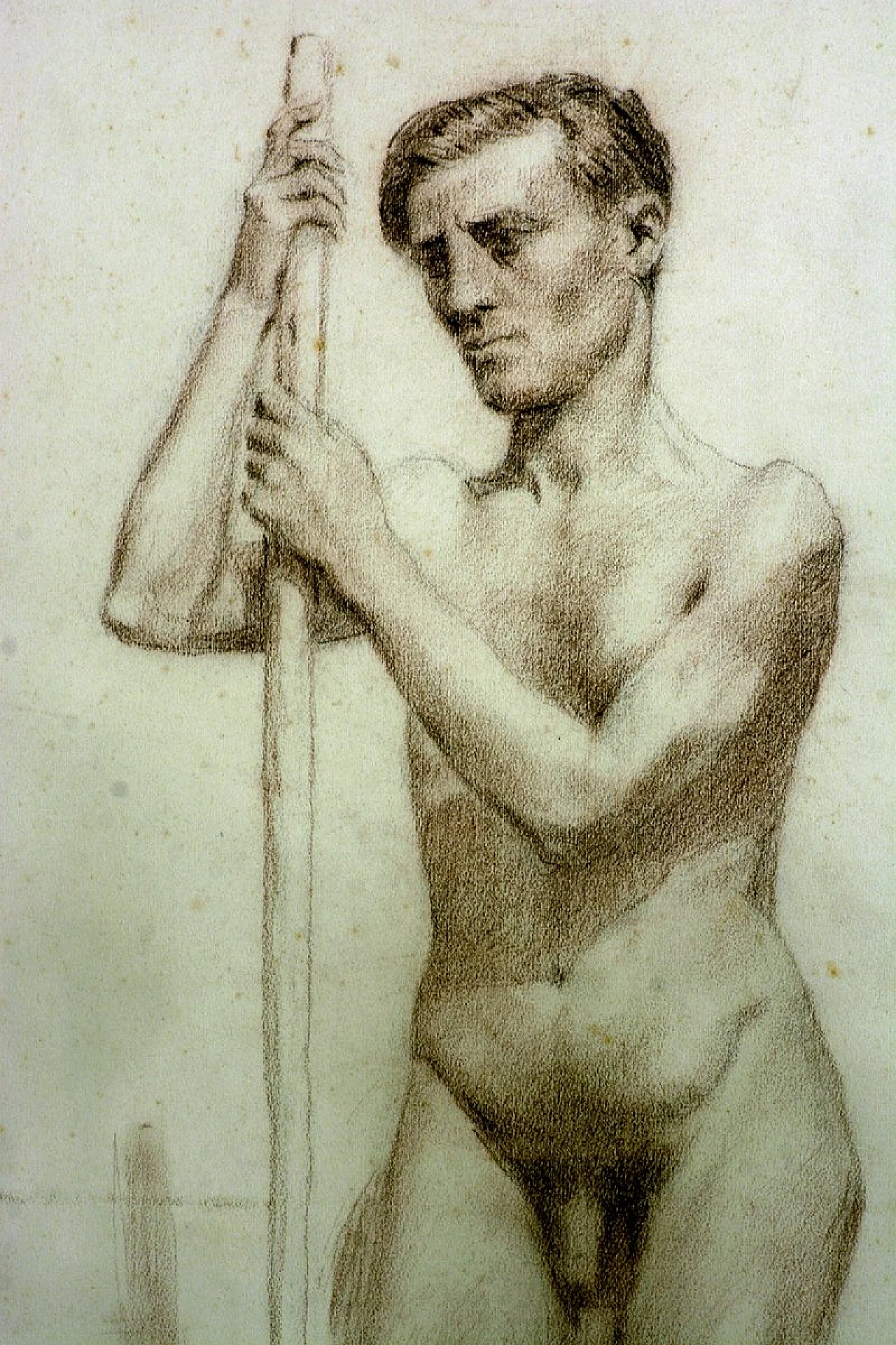 Studio accademico di nudo maschile con bastone, matita su carta, '800 2