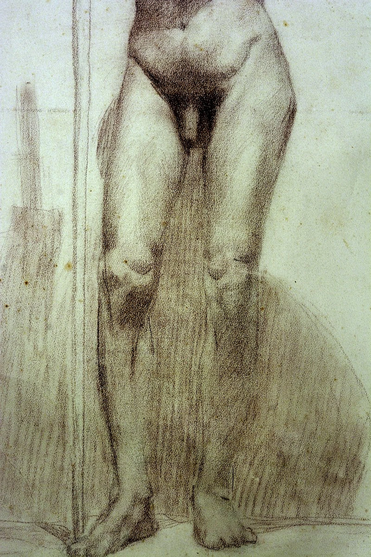 Studio accademico di nudo maschile con bastone, matita su carta, '800 3