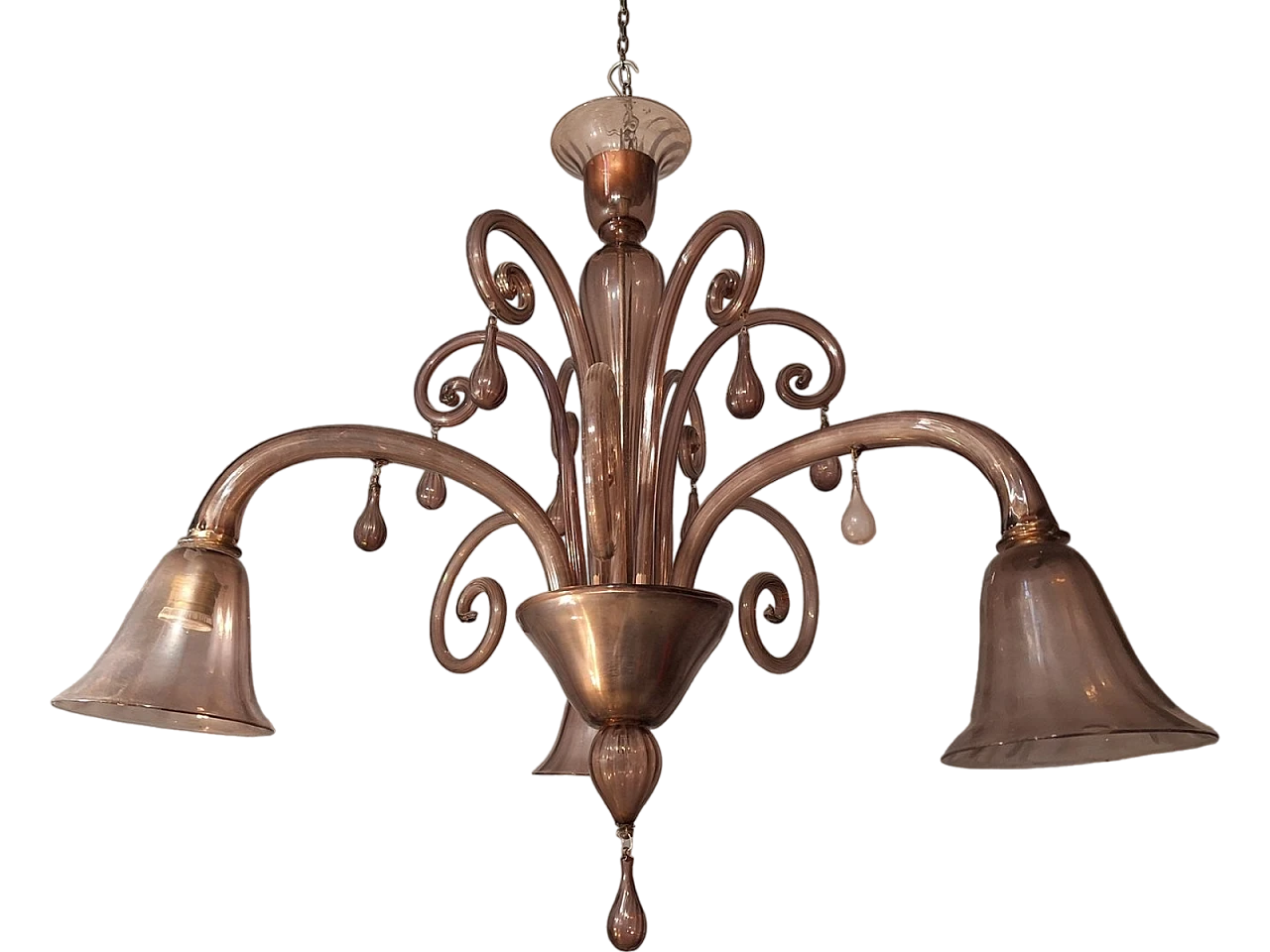 Three-light glass chandelier by V. Zecchin for MVM Cappellin, 1950s 18