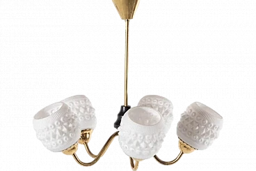 Brass chandelier with white crystal shades, 1950s