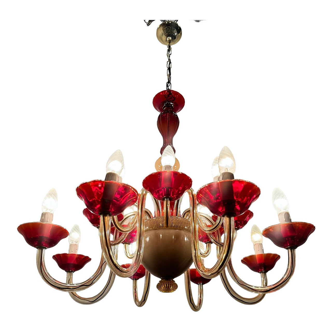 Lampadario veneziano in vetro di Murano rosso rubino, anni '80 1