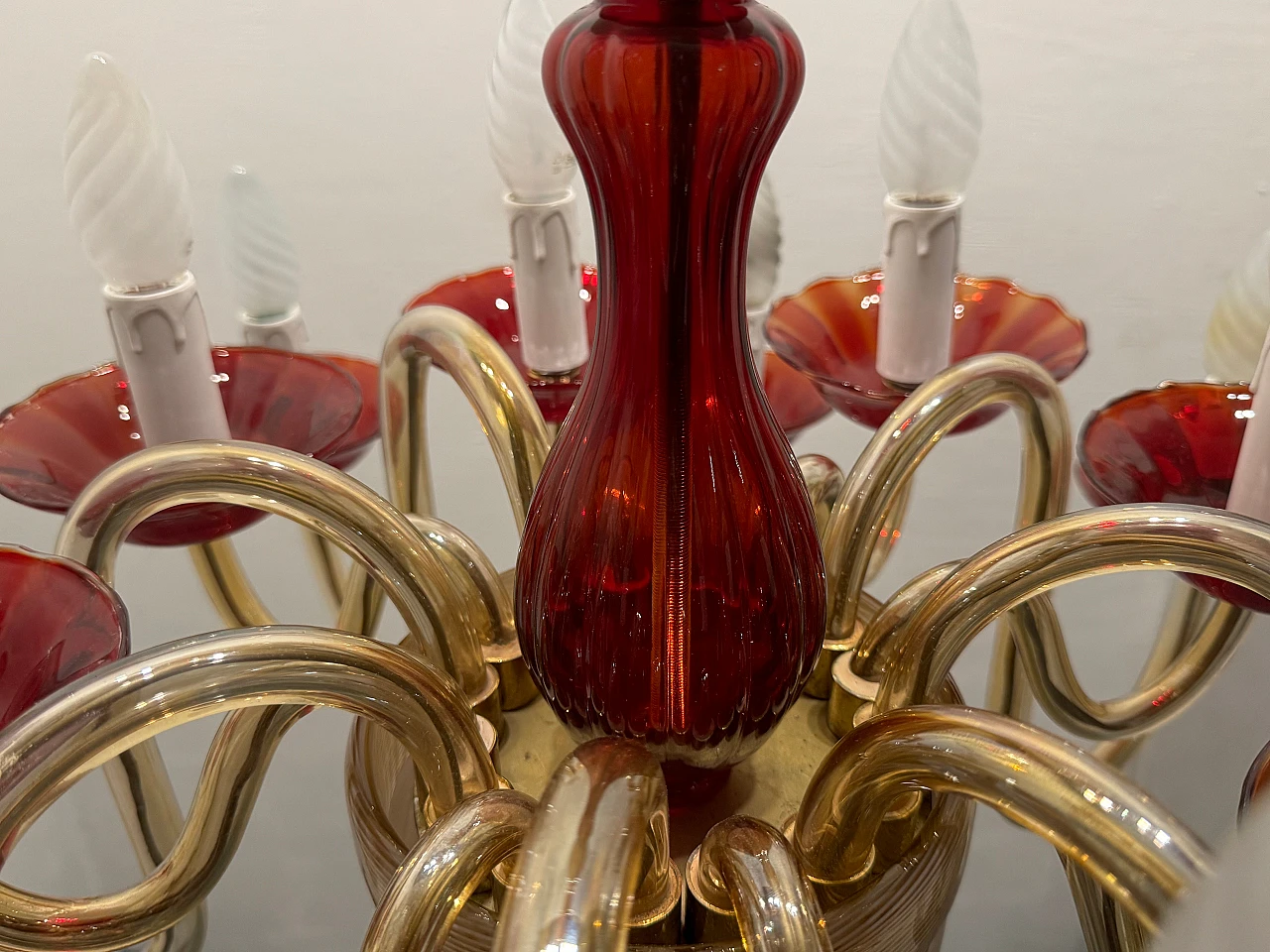 Lampadario veneziano in vetro di Murano rosso rubino, anni '80 7