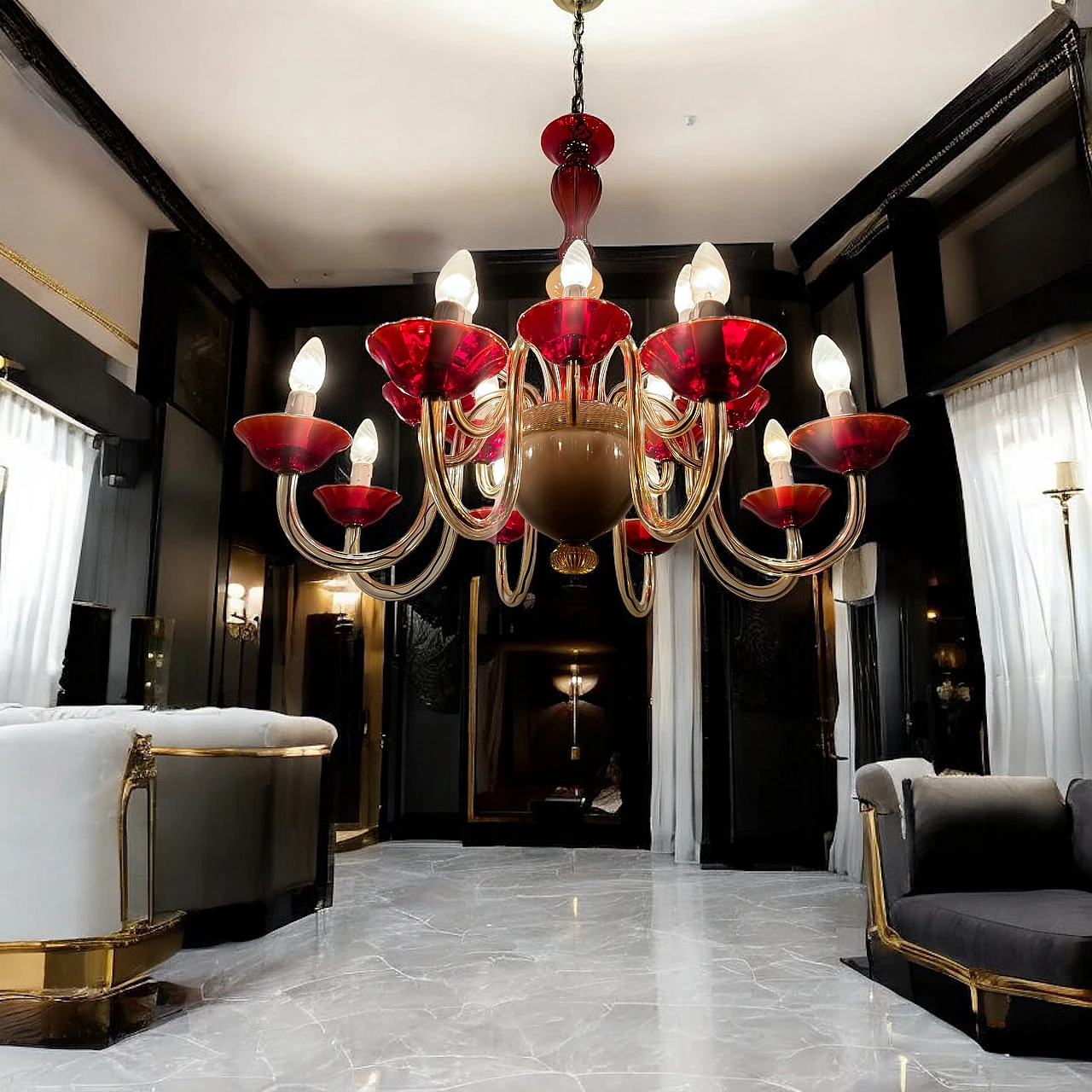 Lampadario veneziano in vetro di Murano rosso rubino, anni '80 8