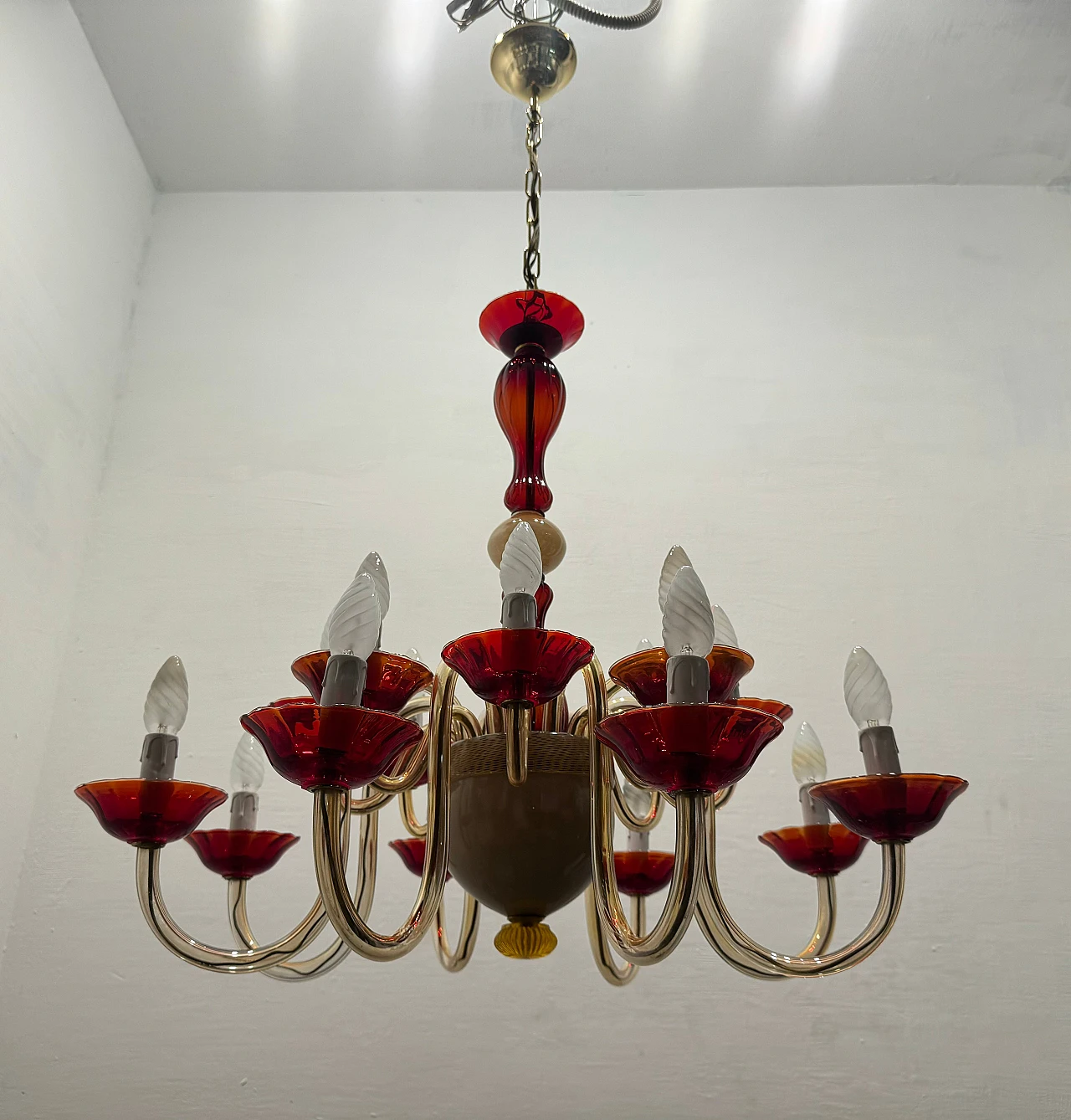 Lampadario veneziano in vetro di Murano rosso rubino, anni '80 9