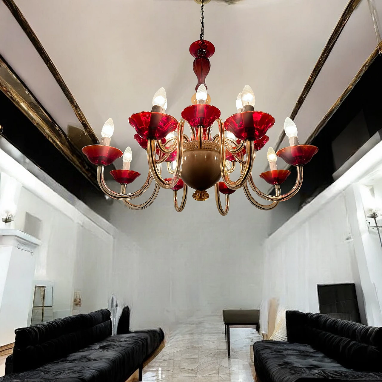 Lampadario veneziano in vetro di Murano rosso rubino, anni '80 12