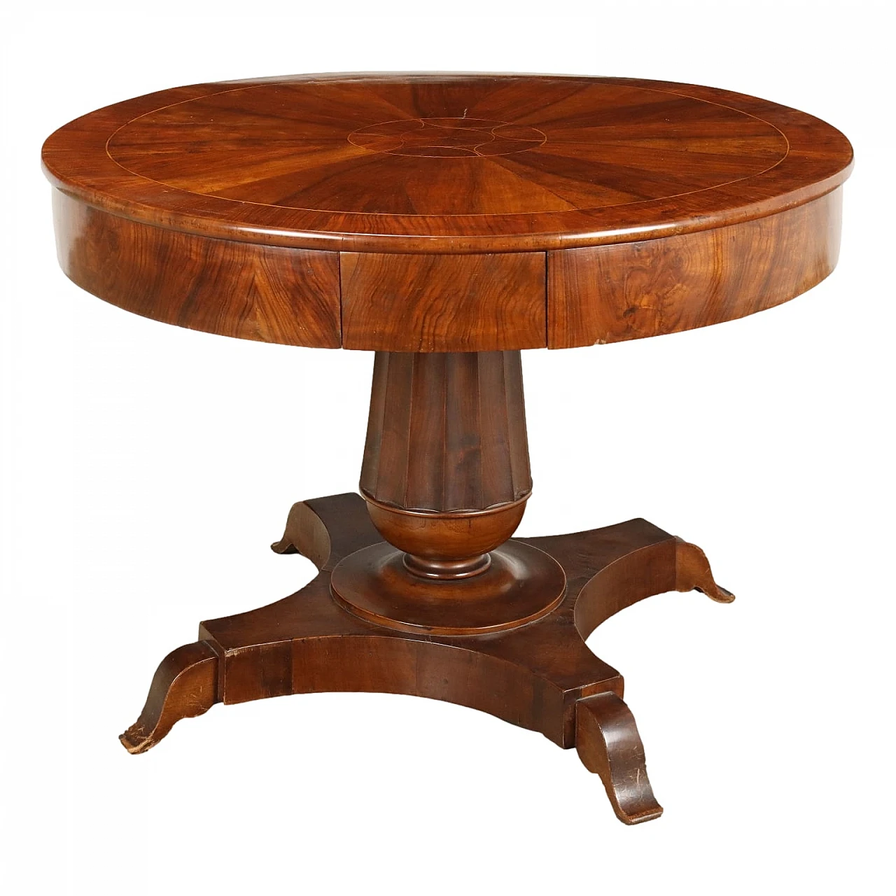 Charles X round walnut table with maple fillets, 19th century 1