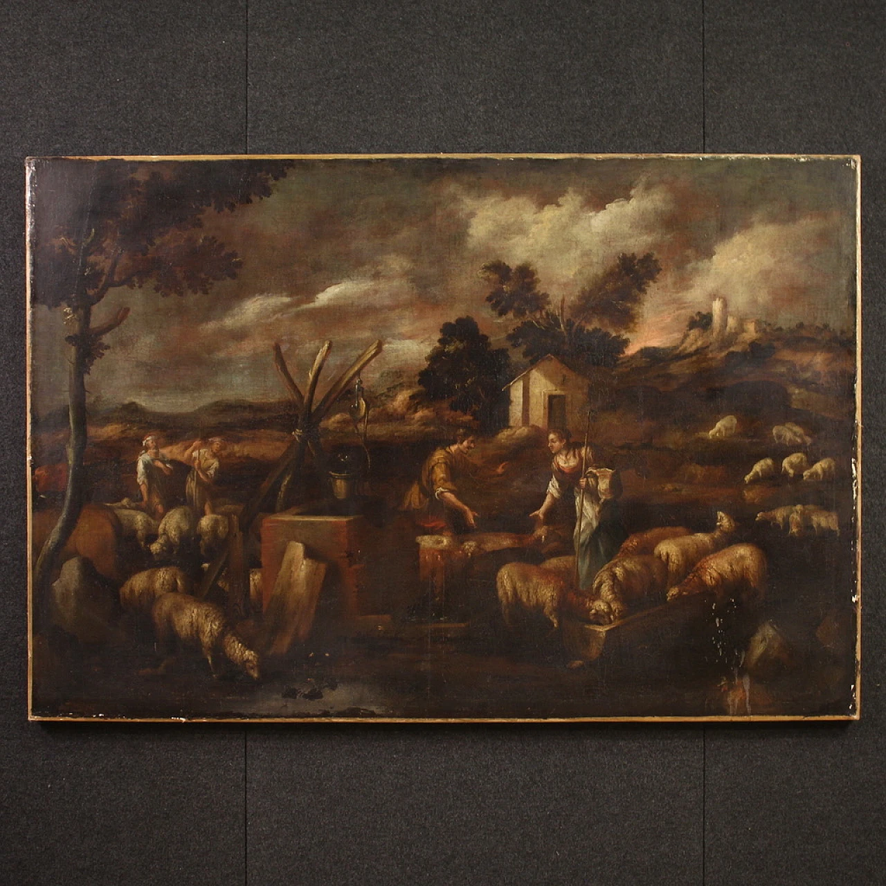 Paesaggio bucolico con figure e animali, olio su tela, '600 1