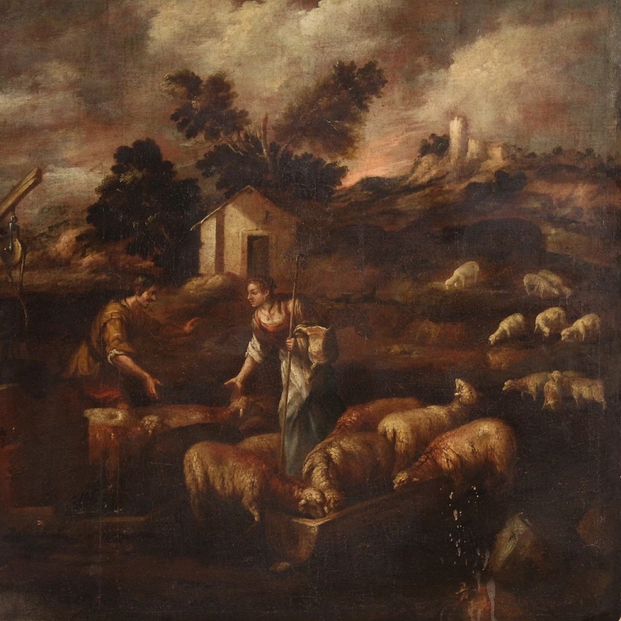 Paesaggio bucolico con figure e animali, olio su tela, '600 2
