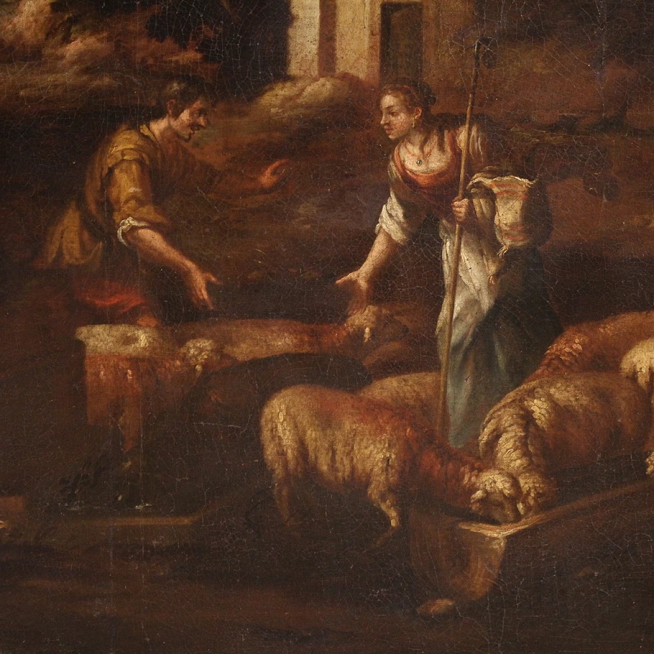 Paesaggio bucolico con figure e animali, olio su tela, '600 3