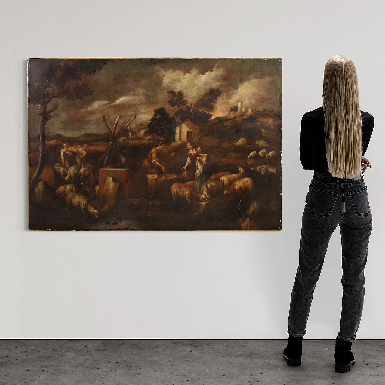 Paesaggio bucolico con figure e animali, olio su tela, '600 4