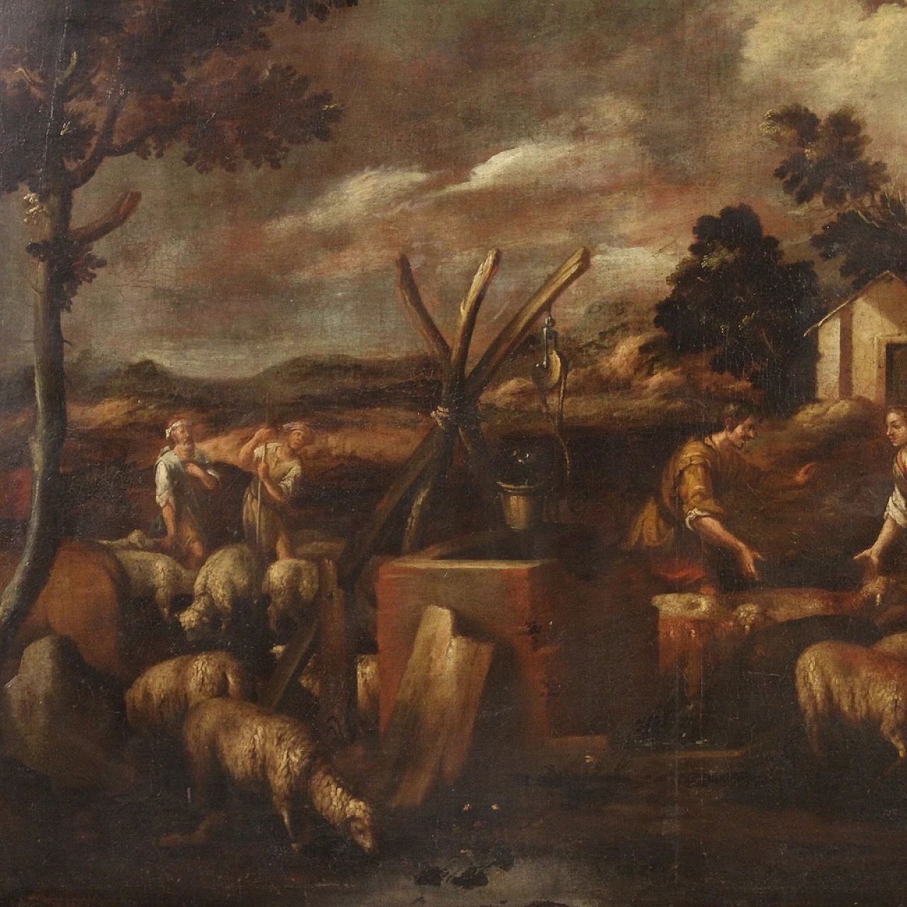 Paesaggio bucolico con figure e animali, olio su tela, '600 5