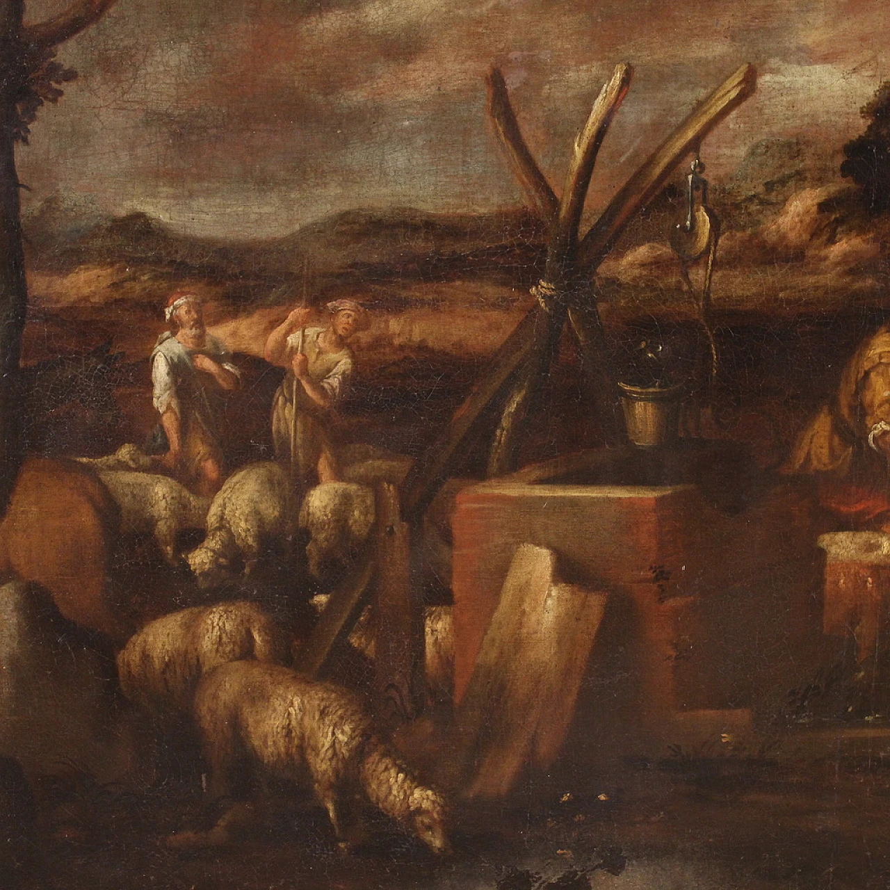 Paesaggio bucolico con figure e animali, olio su tela, '600 7