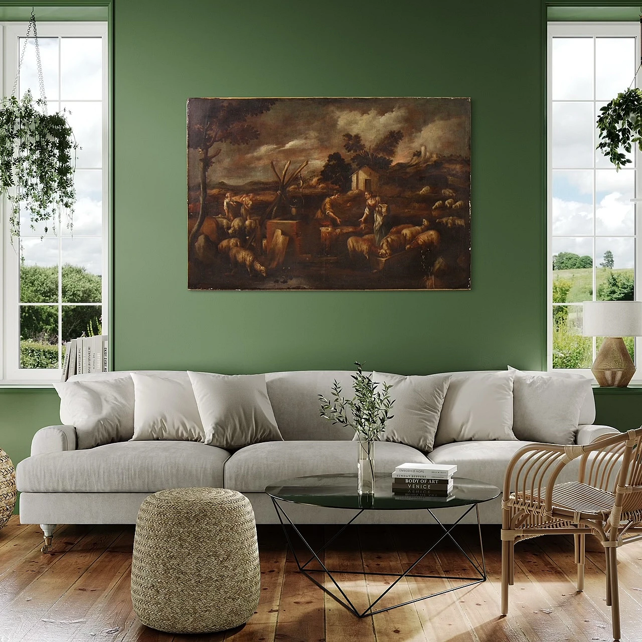 Paesaggio bucolico con figure e animali, olio su tela, '600 8