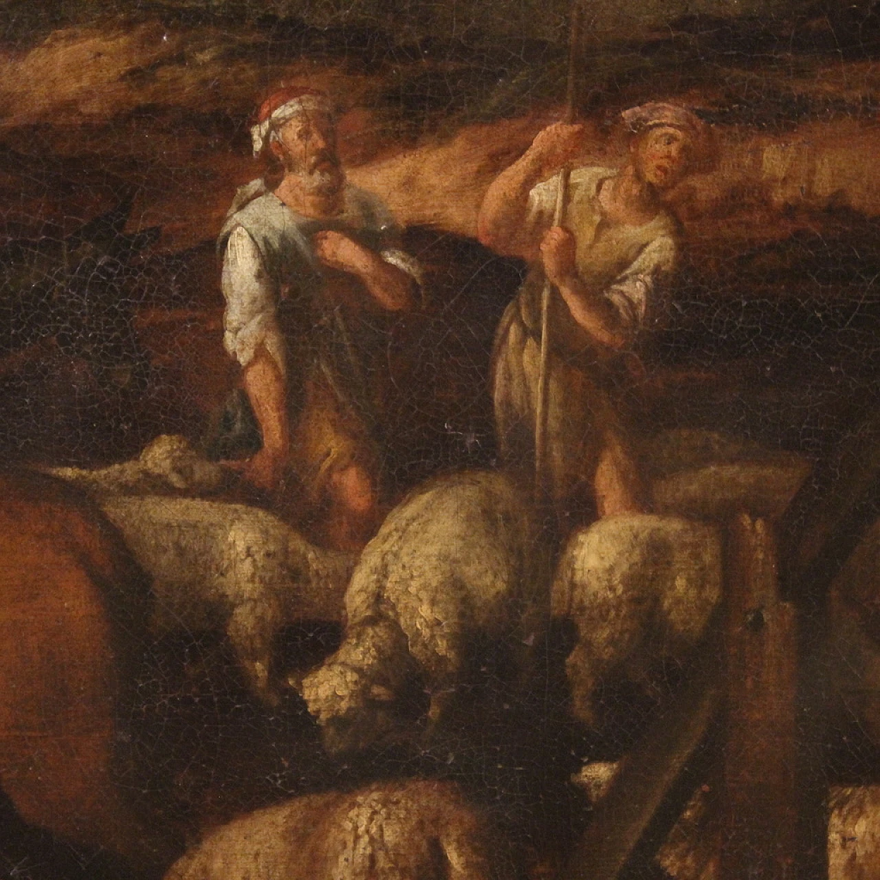 Paesaggio bucolico con figure e animali, olio su tela, '600 9