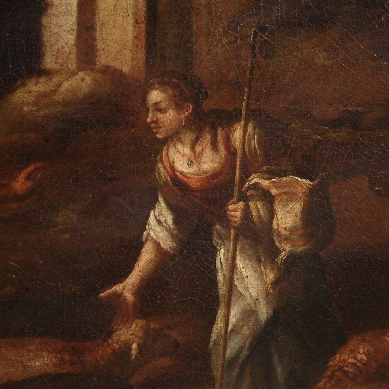 Paesaggio bucolico con figure e animali, olio su tela, '600 10