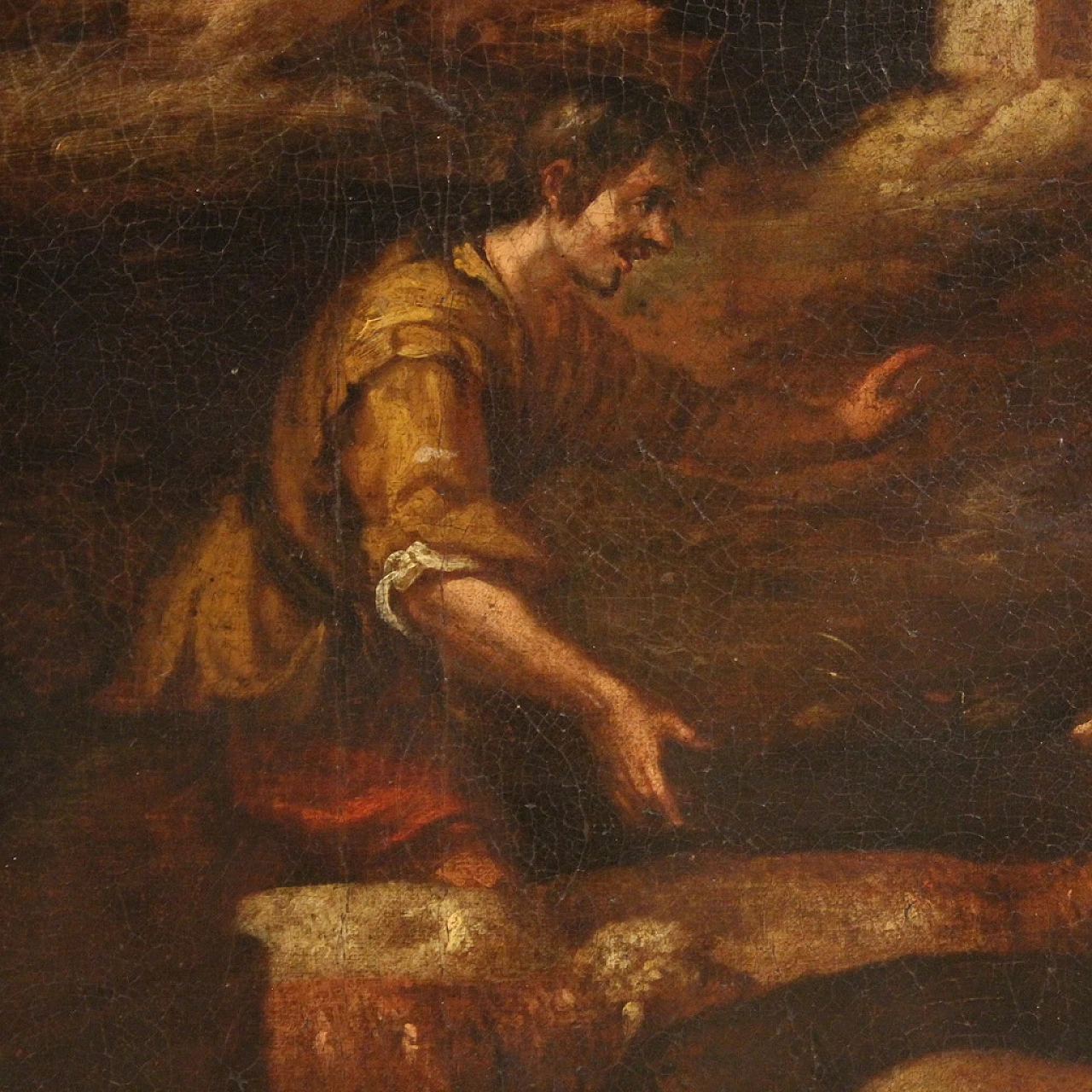 Paesaggio bucolico con figure e animali, olio su tela, '600 11