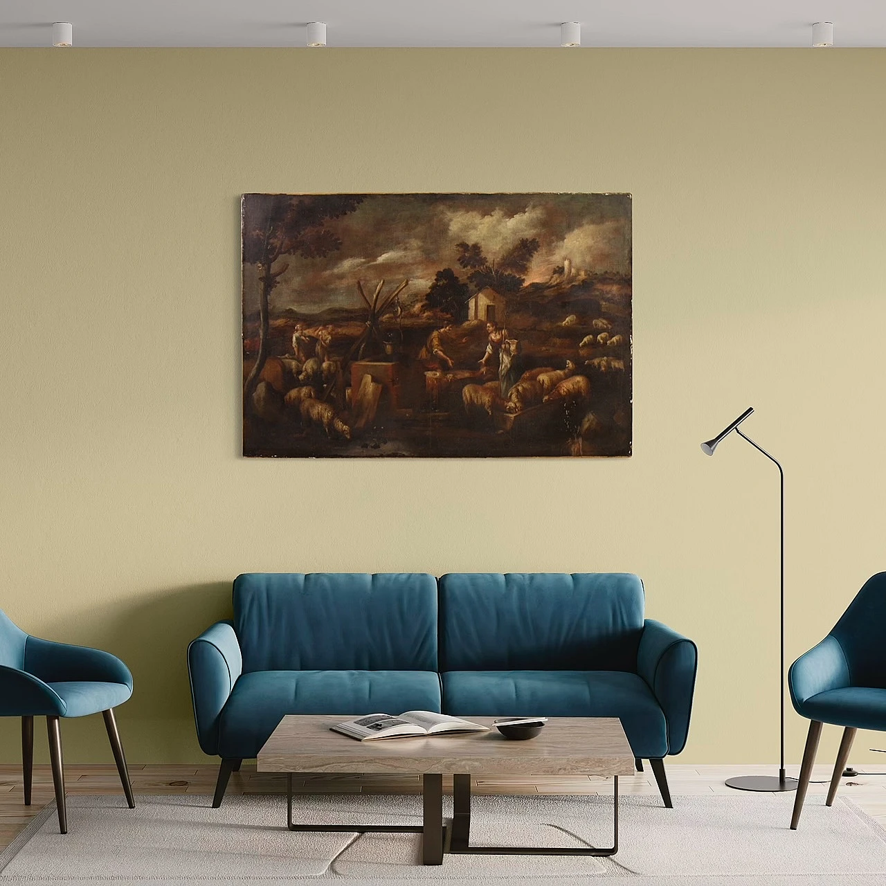 Paesaggio bucolico con figure e animali, olio su tela, '600 13