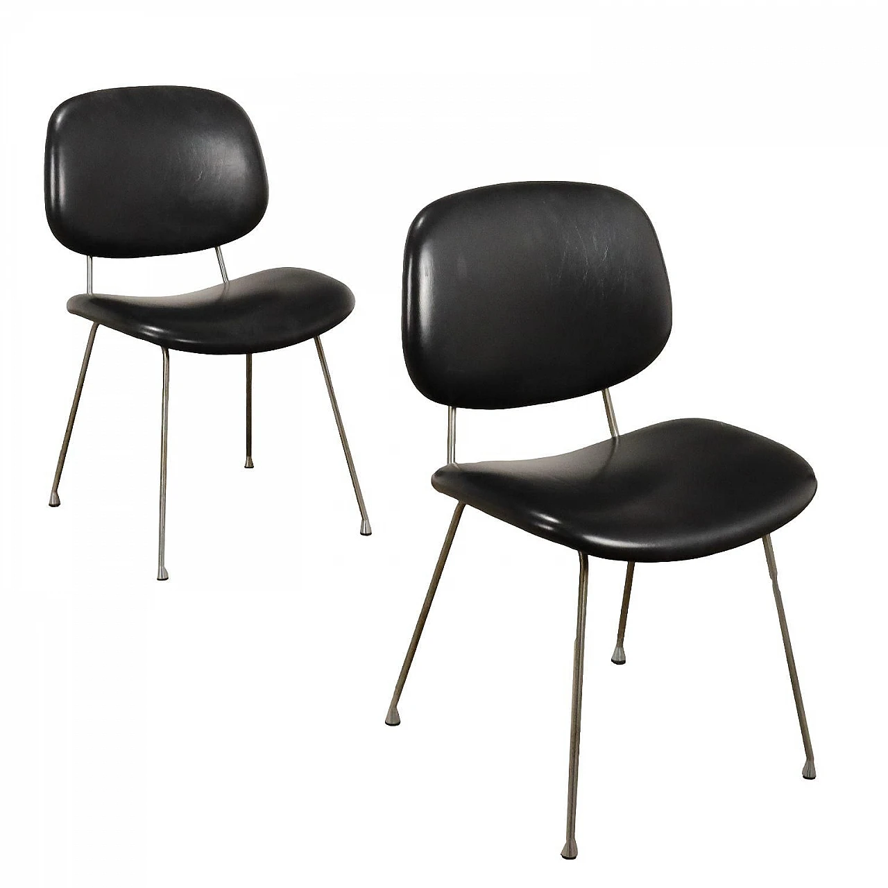 Pair of chairs in black leatherette and chromed metal, 1960s 1