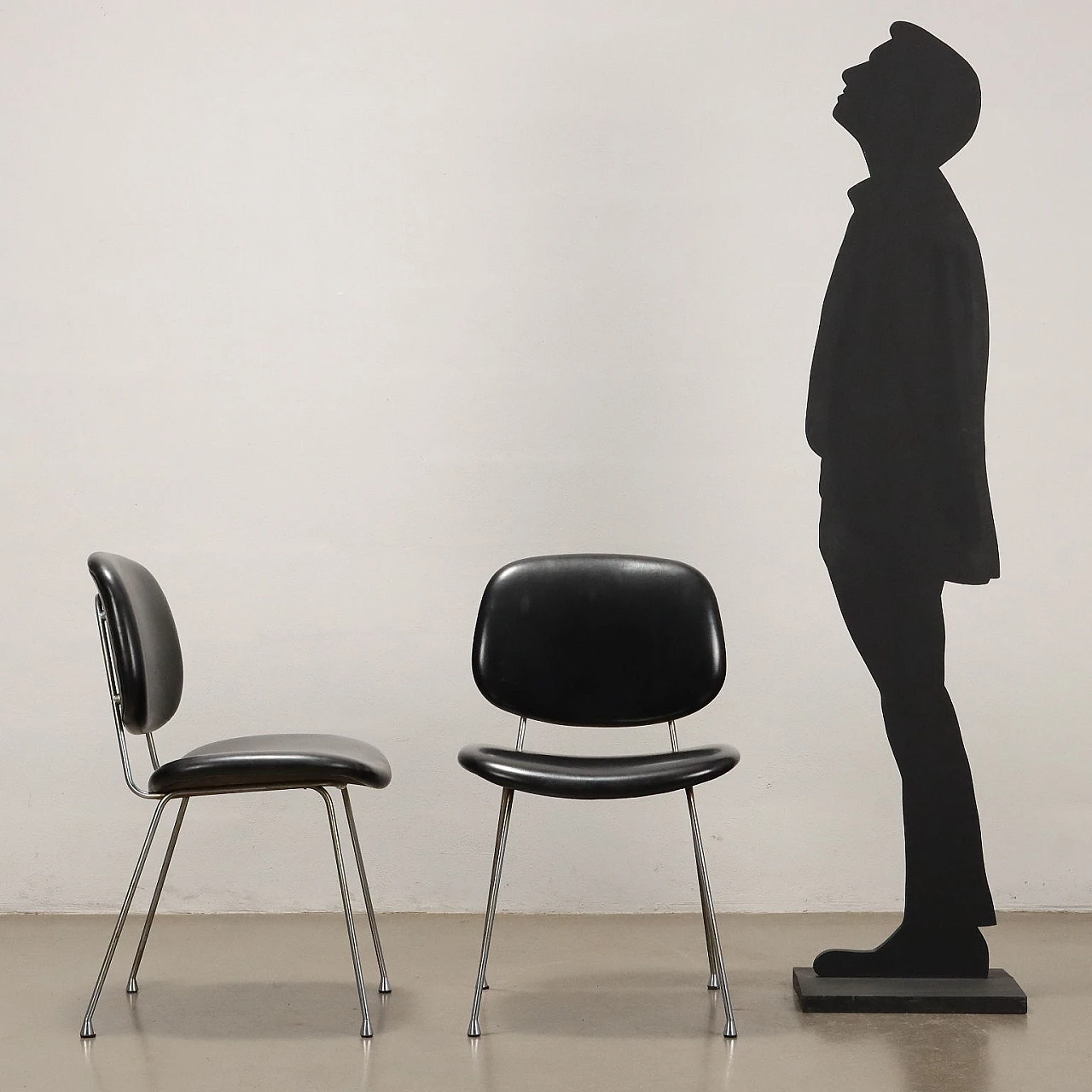 Pair of chairs in black leatherette and chromed metal, 1960s 2