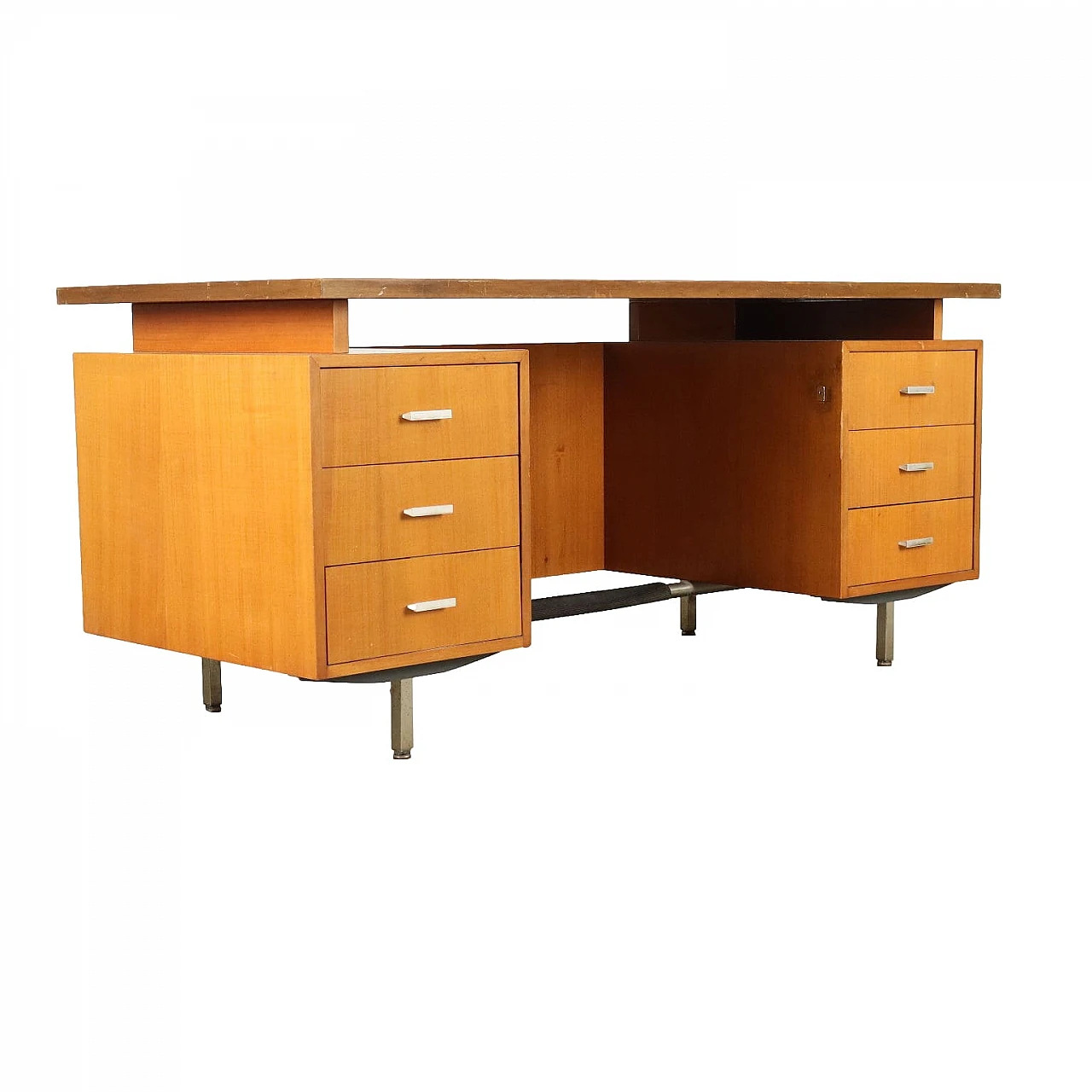 Walnut veneered desk with formica top and metal legs, 1970s 1