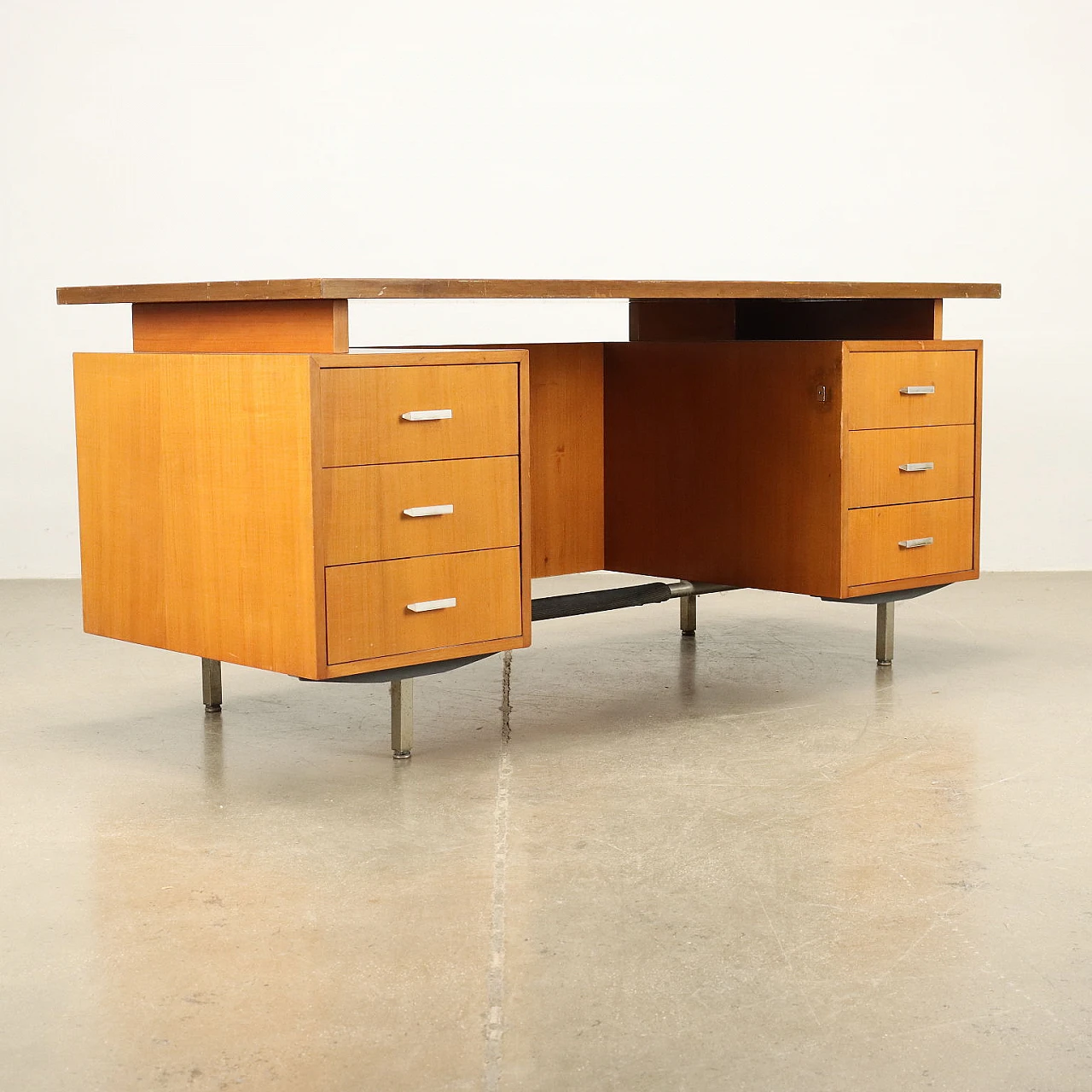 Walnut veneered desk with formica top and metal legs, 1970s 8