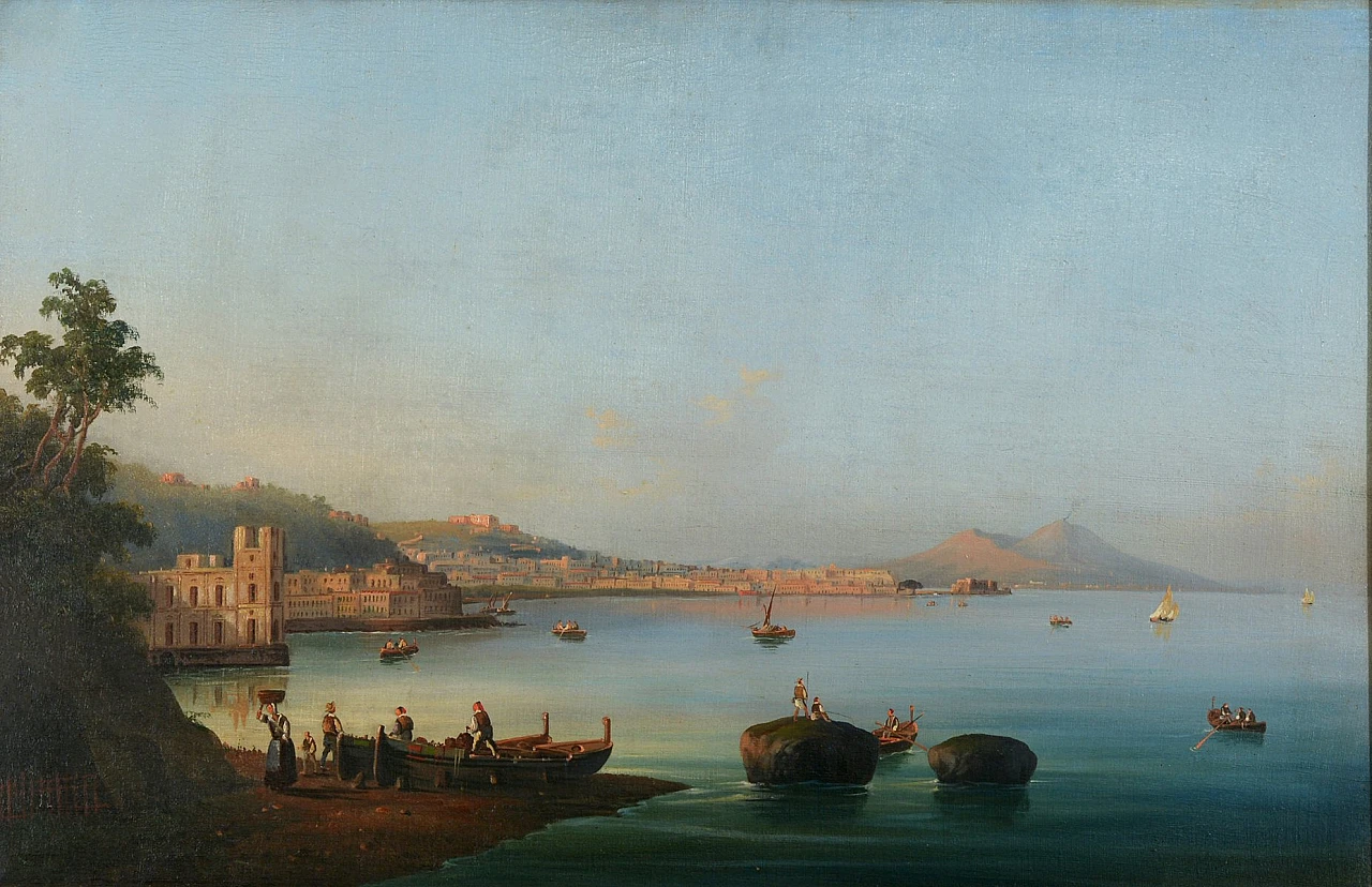 Posillipo school, view of Naples and of Nisida, pair in frame, 1830s 3