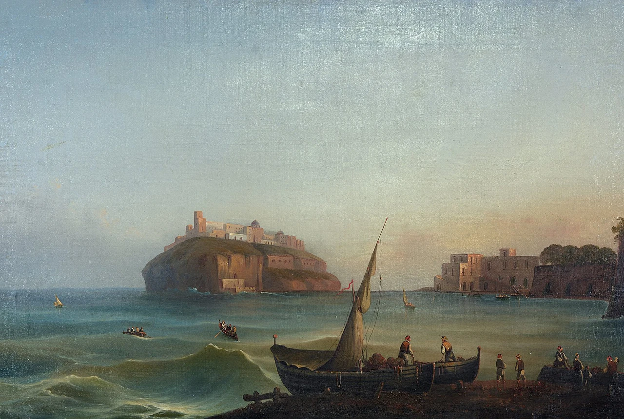 Posillipo school, view of Naples and of Nisida, pair in frame, 1830s 4