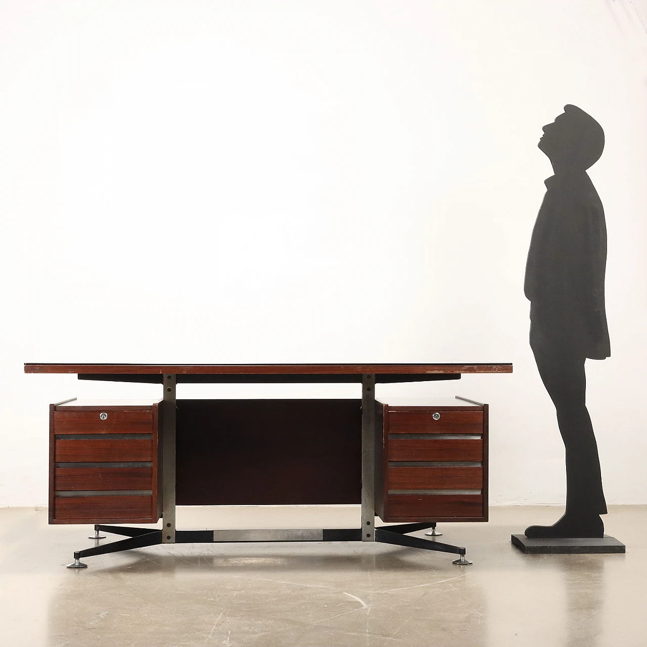 Exotic wood and chrome metal desk with drawers, 1970s 2