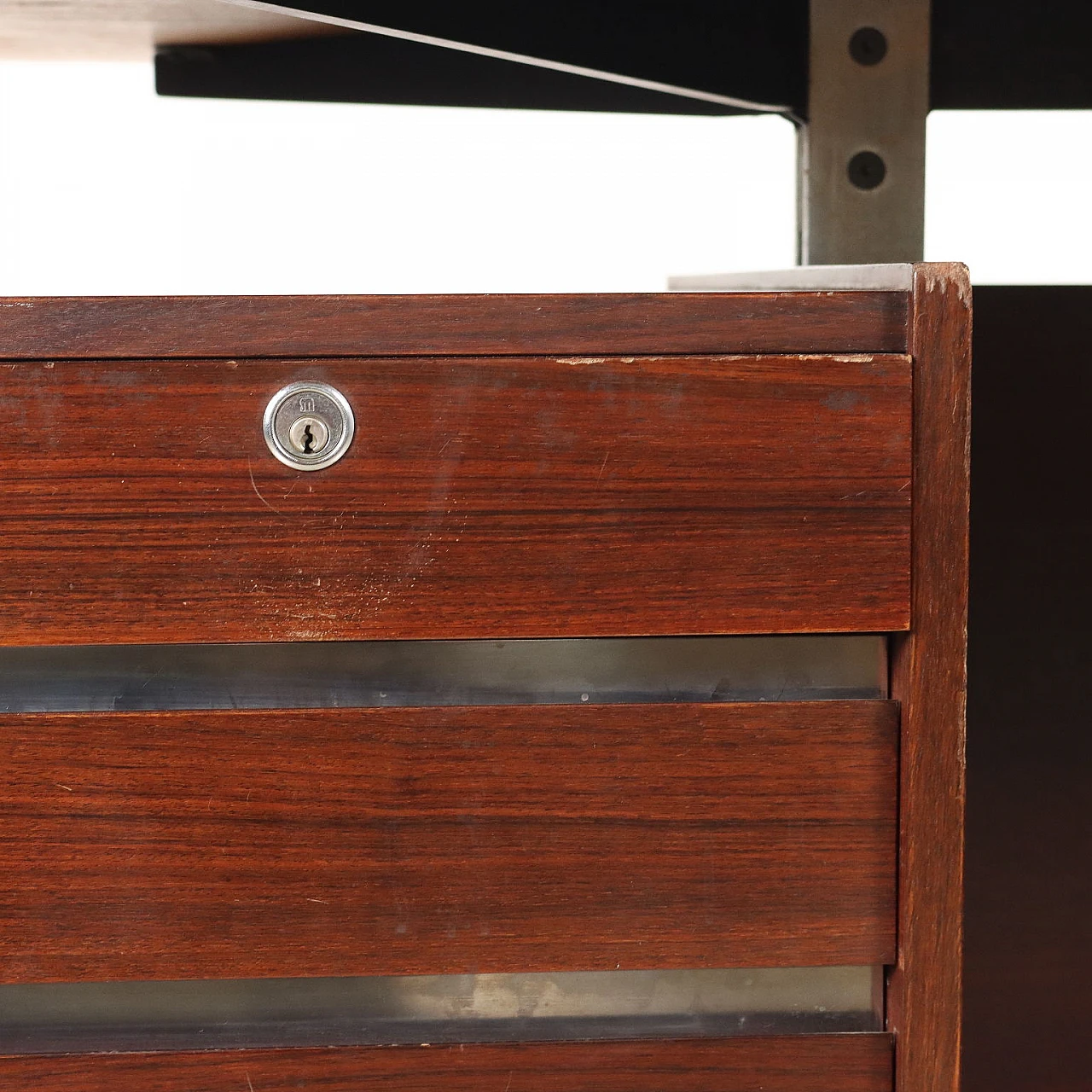 Exotic wood and chrome metal desk with drawers, 1970s 5