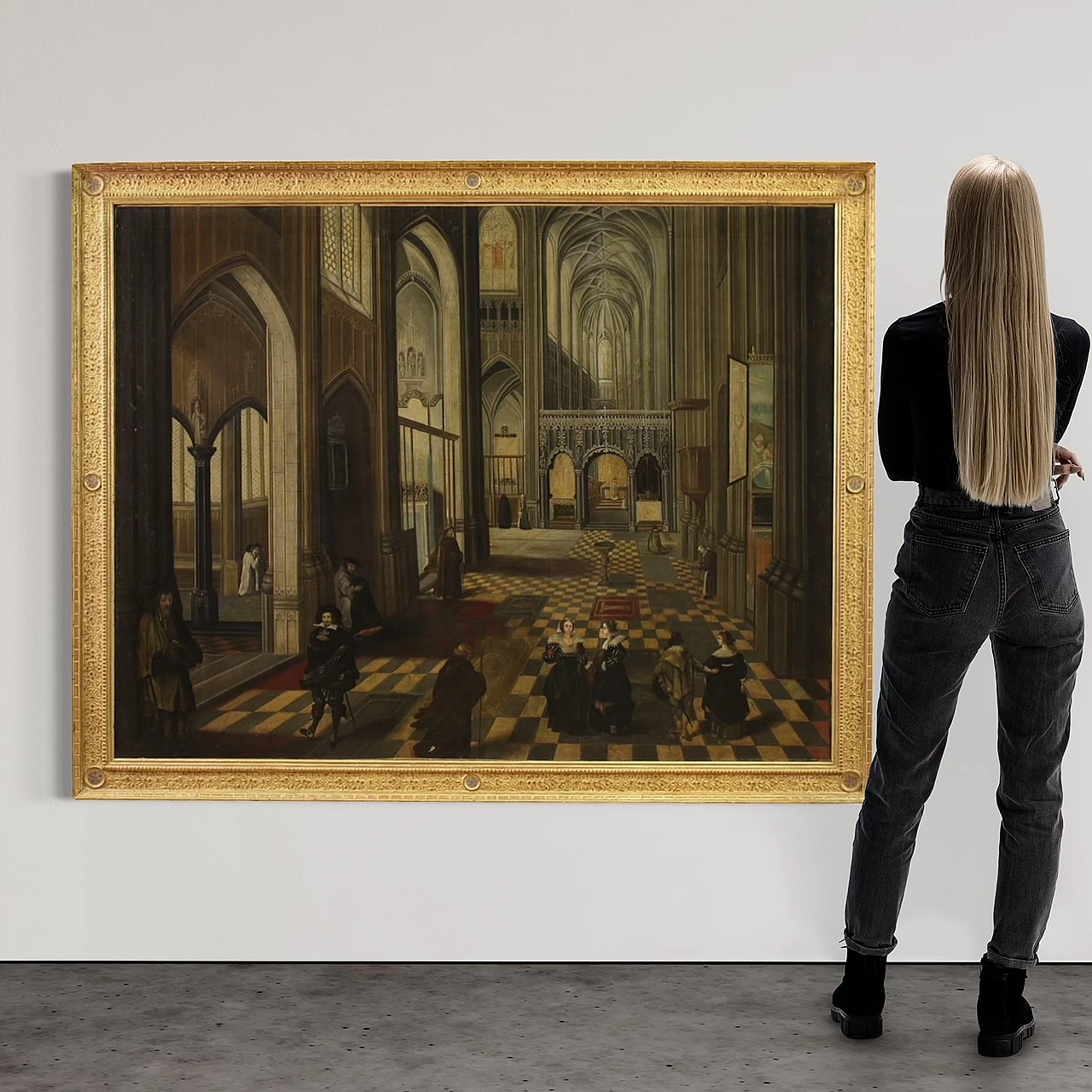 Interno della Cattedrale di Anversa, dipinto scuola fiamminga del XVII 2