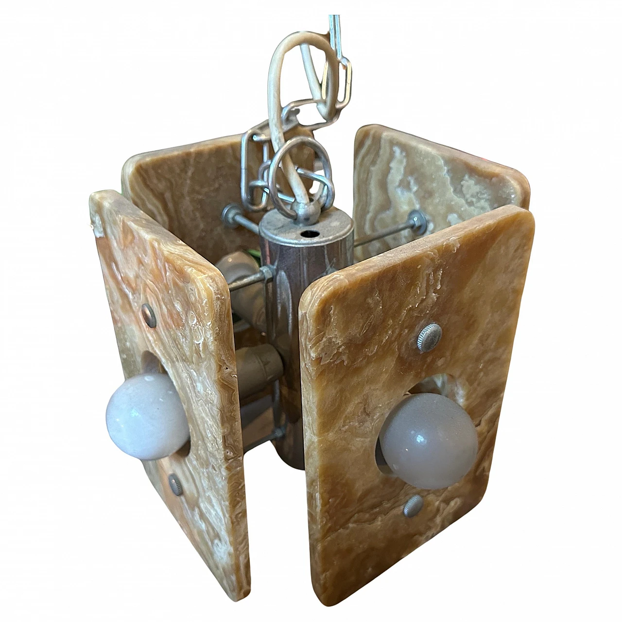 Lampadario quadrato in acciaio e onice marrone, anni '70 2