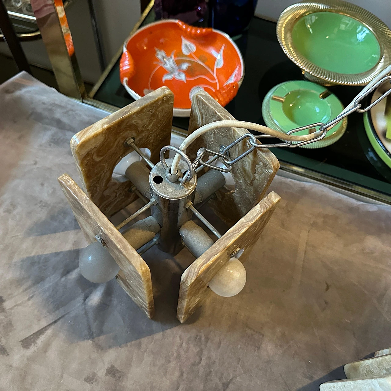 Lampadario quadrato in acciaio e onice marrone, anni '70 3