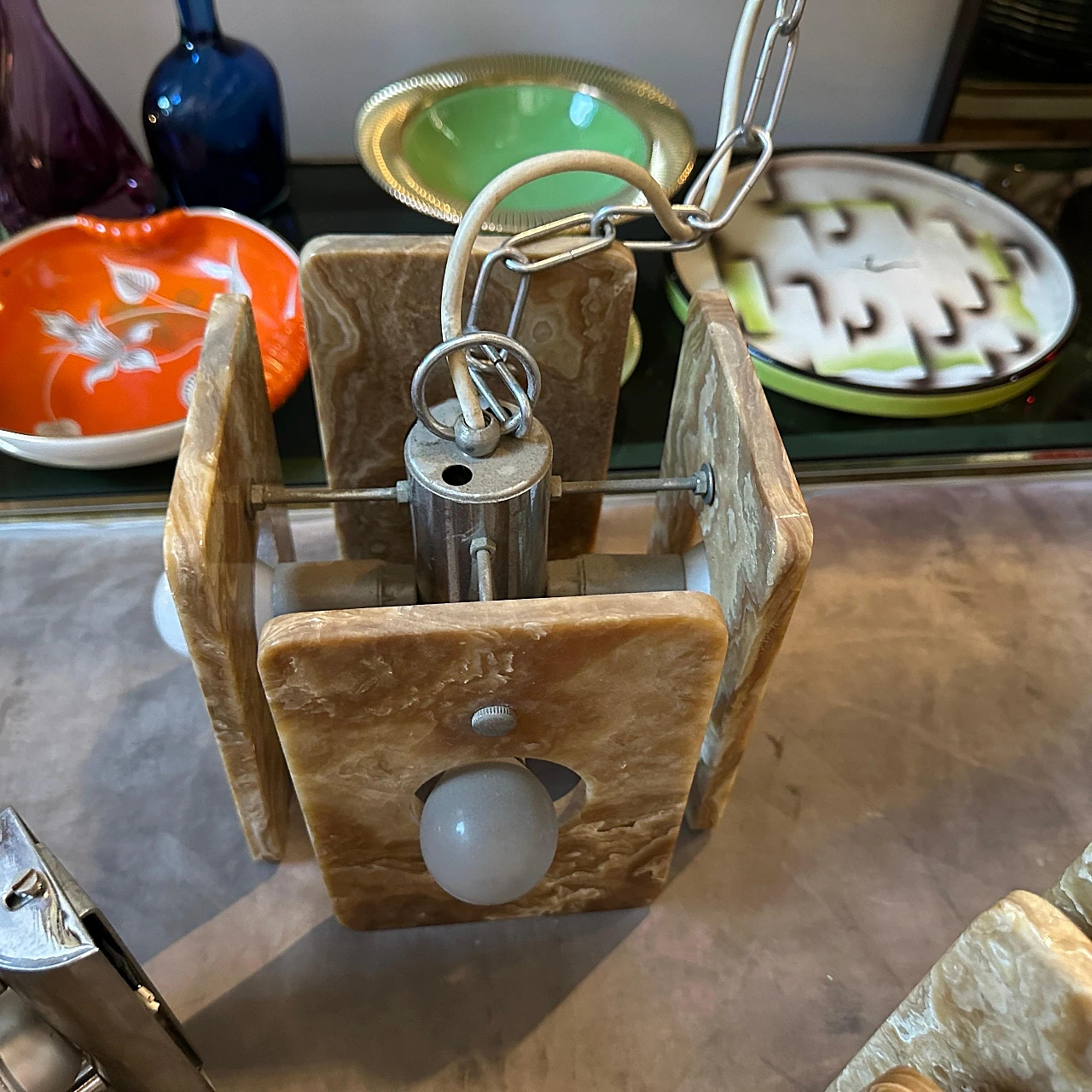 Lampadario quadrato in acciaio e onice marrone, anni '70 4