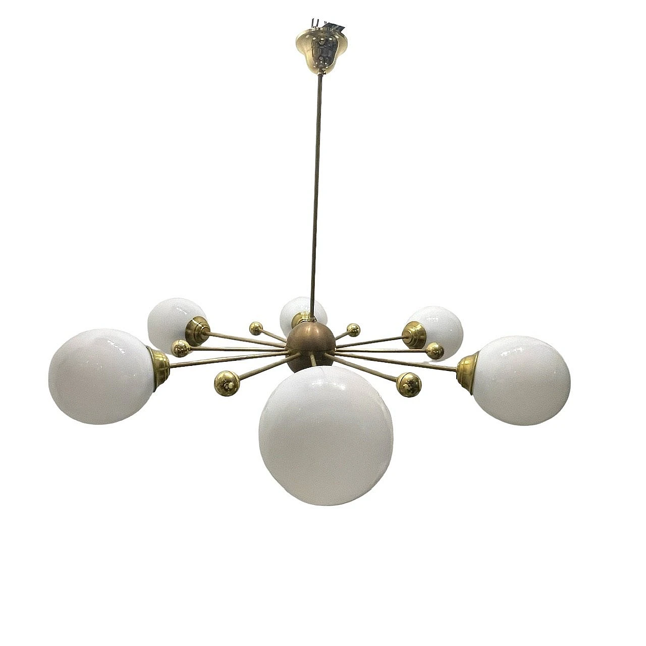 Italian Opaline Glass and Brass Sputnik Chandelier, 1960s 2
