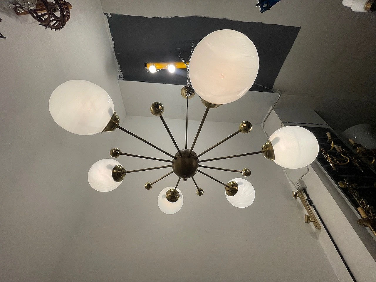 Italian Opaline Glass and Brass Sputnik Chandelier, 1960s 3