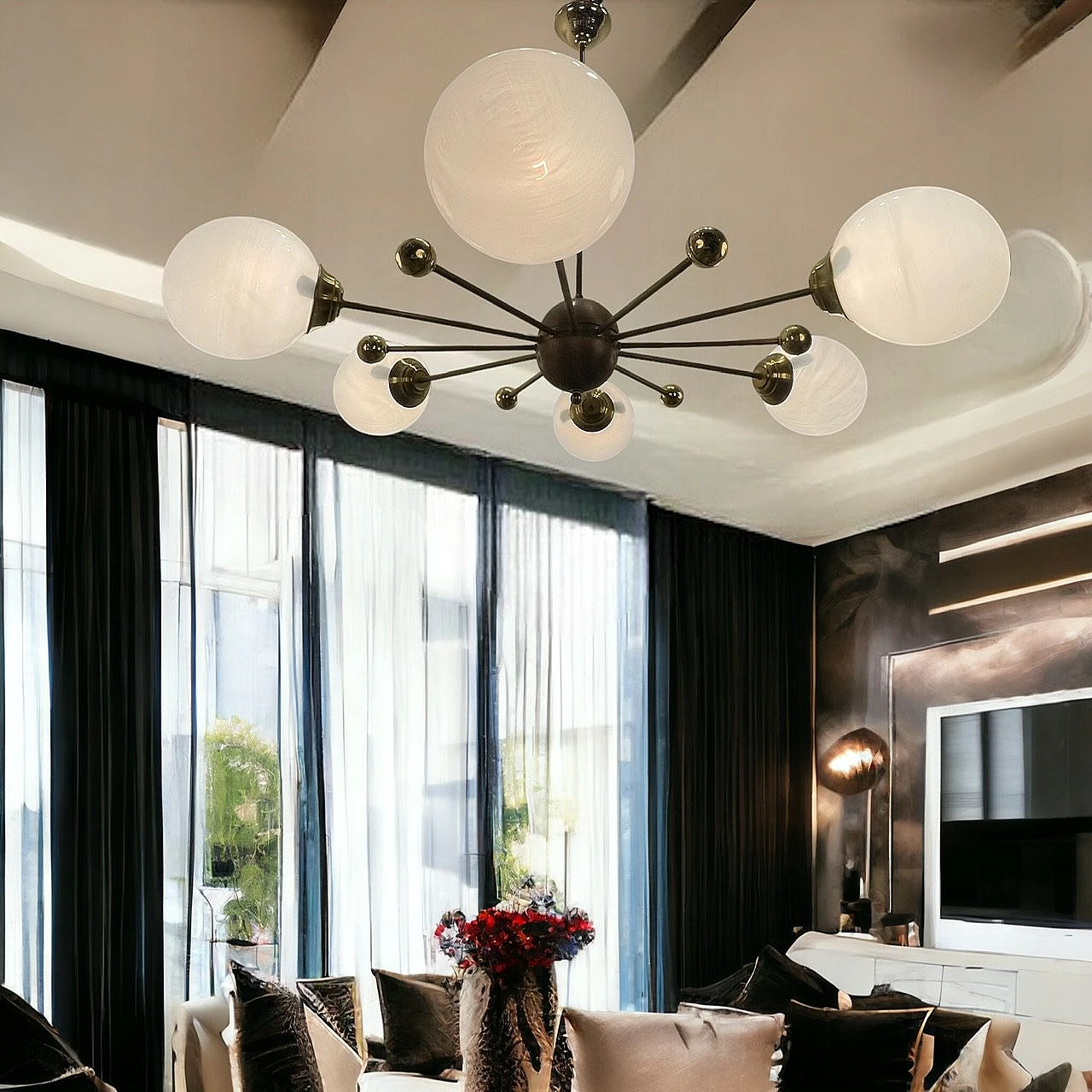 Italian Opaline Glass and Brass Sputnik Chandelier, 1960s 4