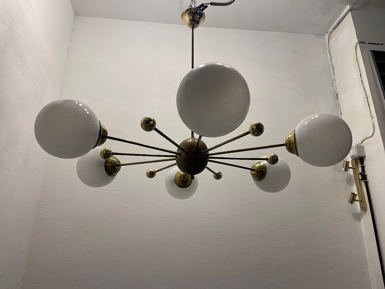 Italian Opaline Glass and Brass Sputnik Chandelier, 1960s 6