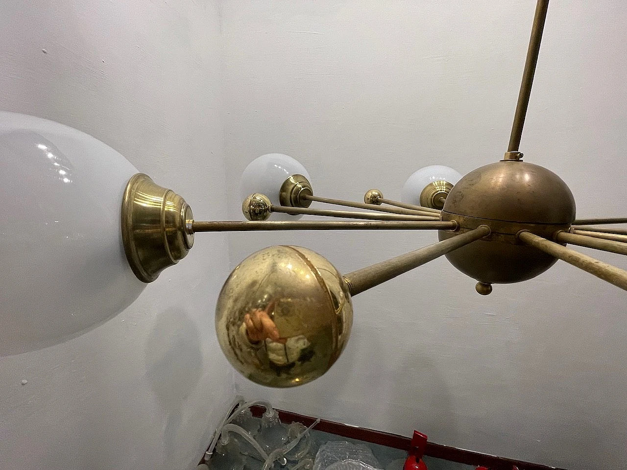 Italian Opaline Glass and Brass Sputnik Chandelier, 1960s 8