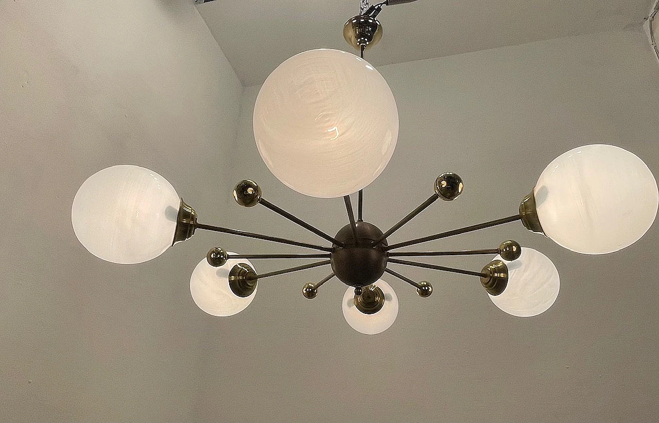 Italian Opaline Glass and Brass Sputnik Chandelier, 1960s 9
