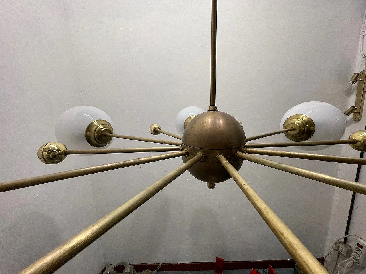Italian Opaline Glass and Brass Sputnik Chandelier, 1960s 10