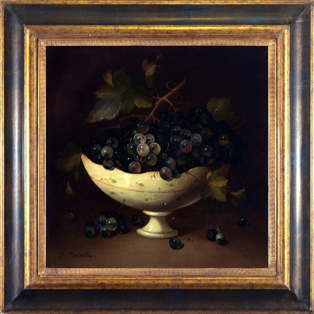 Vaso con uva nera di Salvatore Marinelli, olio su tela, anni '90 1