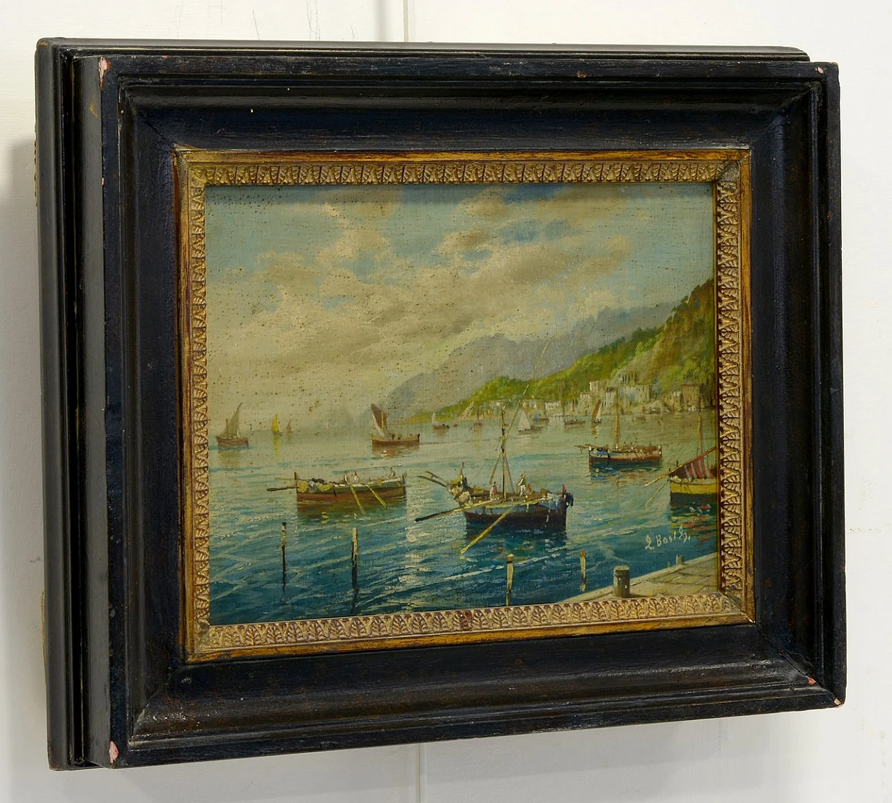 Marina di Luigi Basile, olio su tavola con cornice, anni '80 3