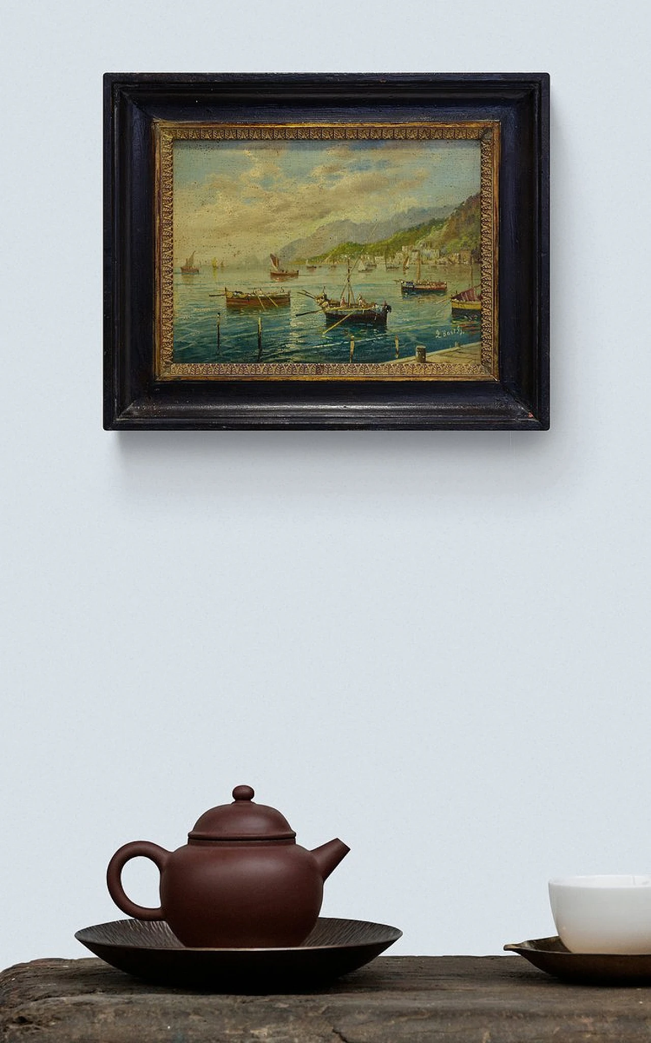 Marina di Luigi Basile, olio su tavola con cornice, anni '80 4