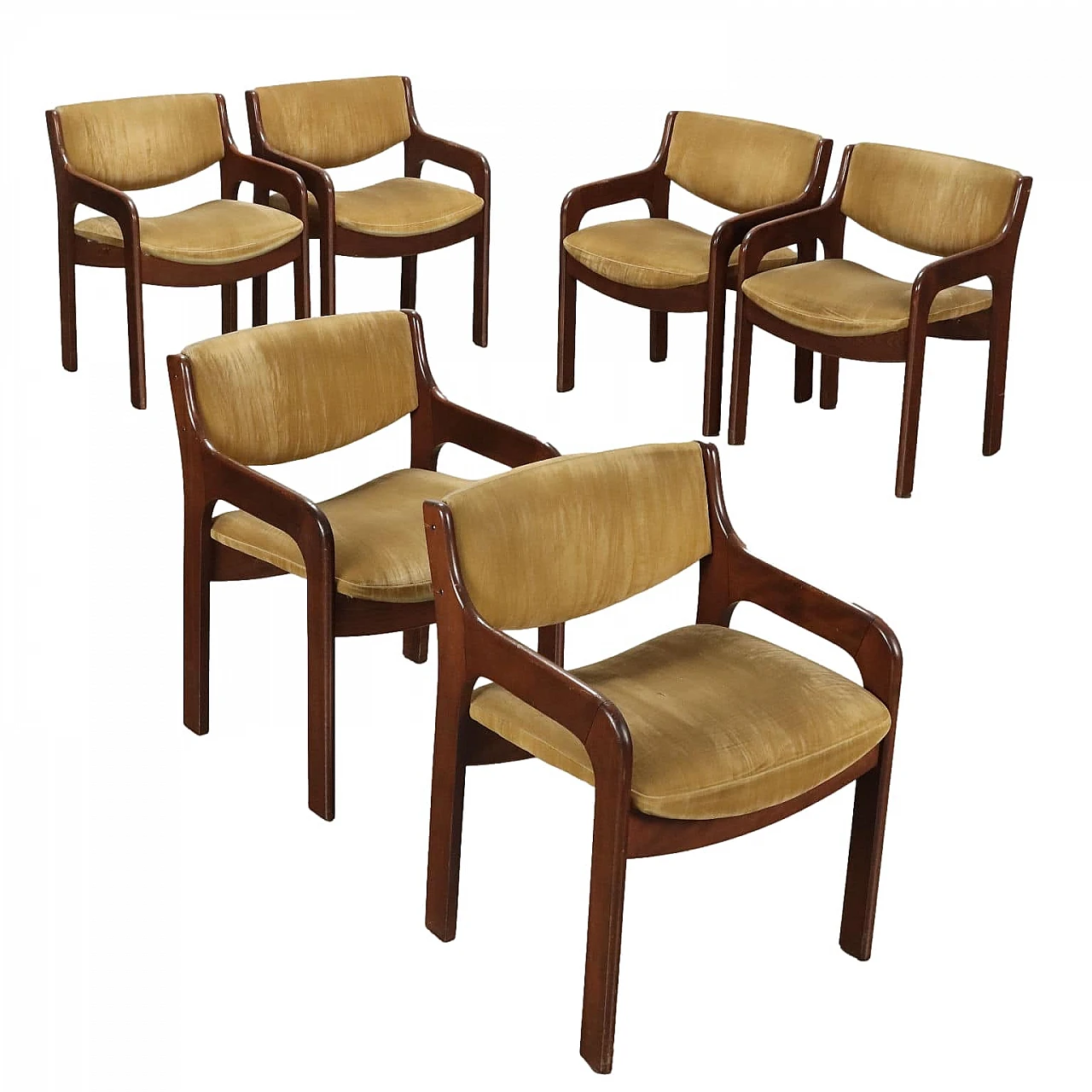 6 Chairs in wood with foam padding & velvet upholstery, 1960s 1