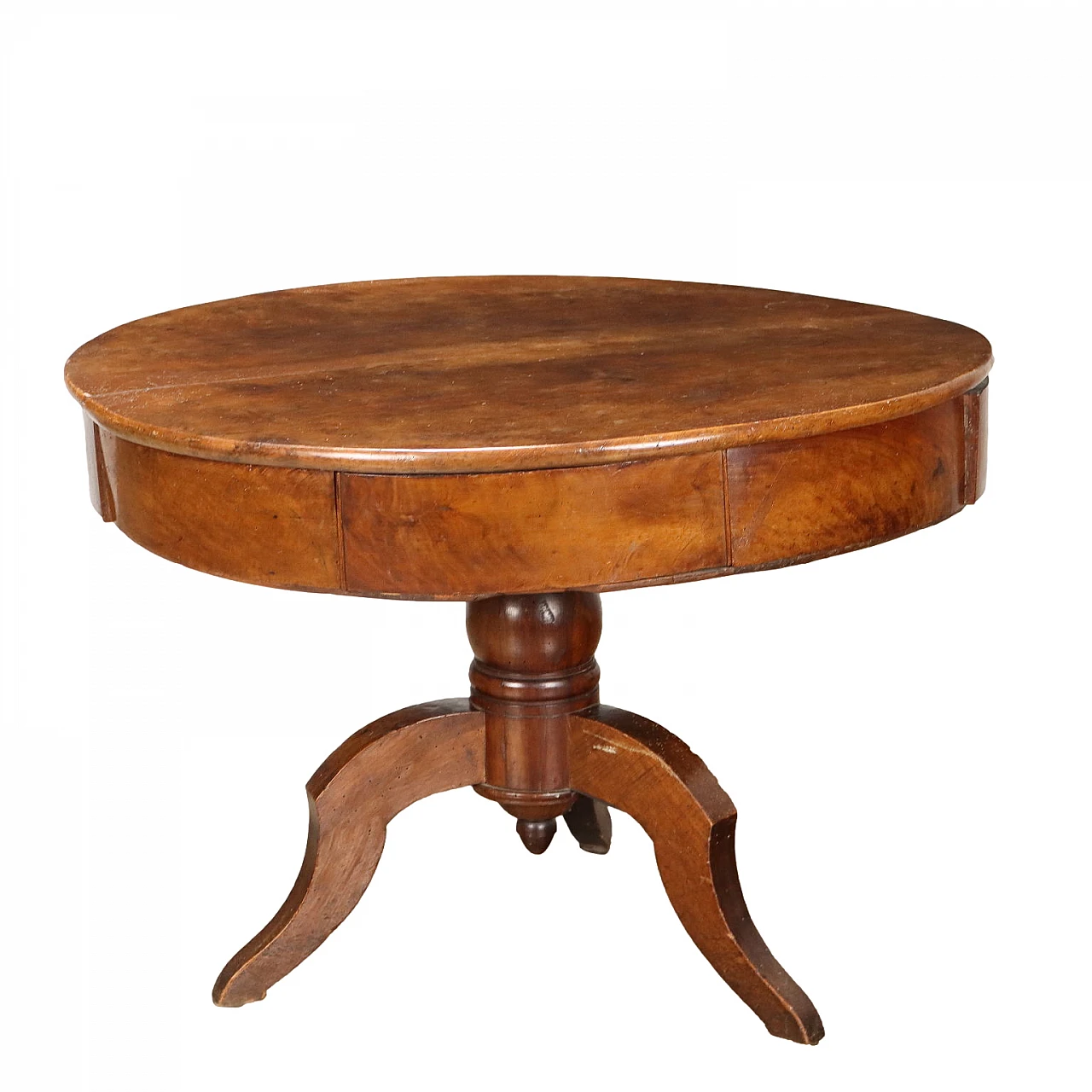 Walnut round table with baluster on three wavy feet, 19th century 1