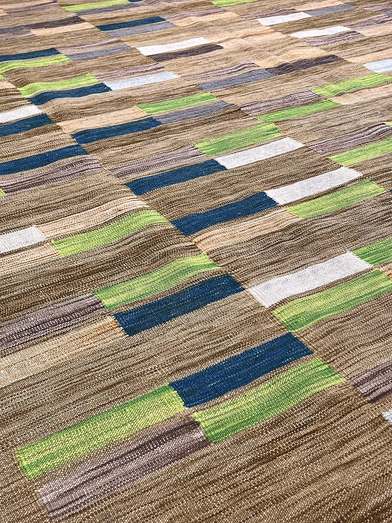 Woven flatweave rug style begie blue green, 1970s 4