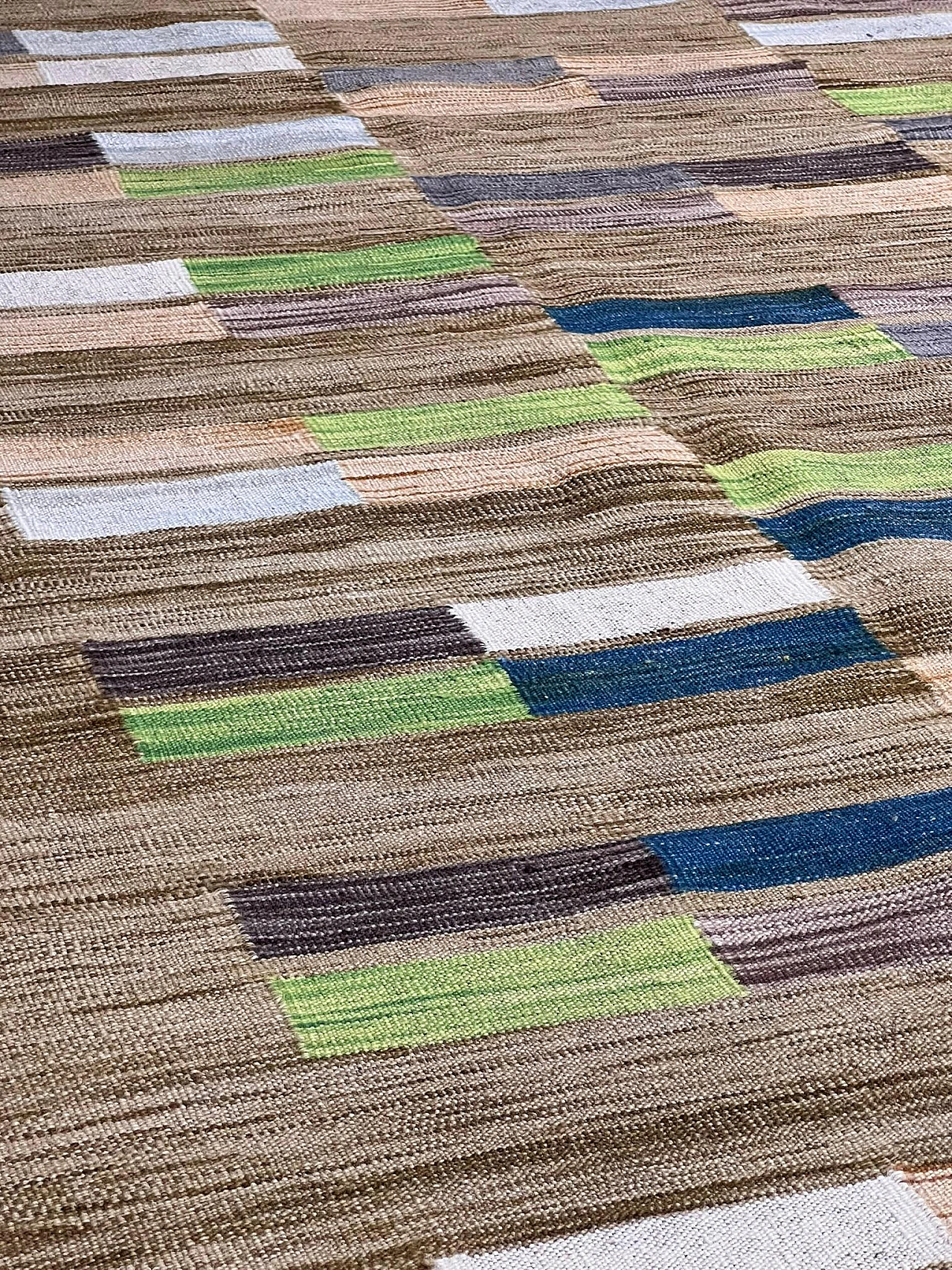 Woven flatweave rug style begie blue green, 1970s 5