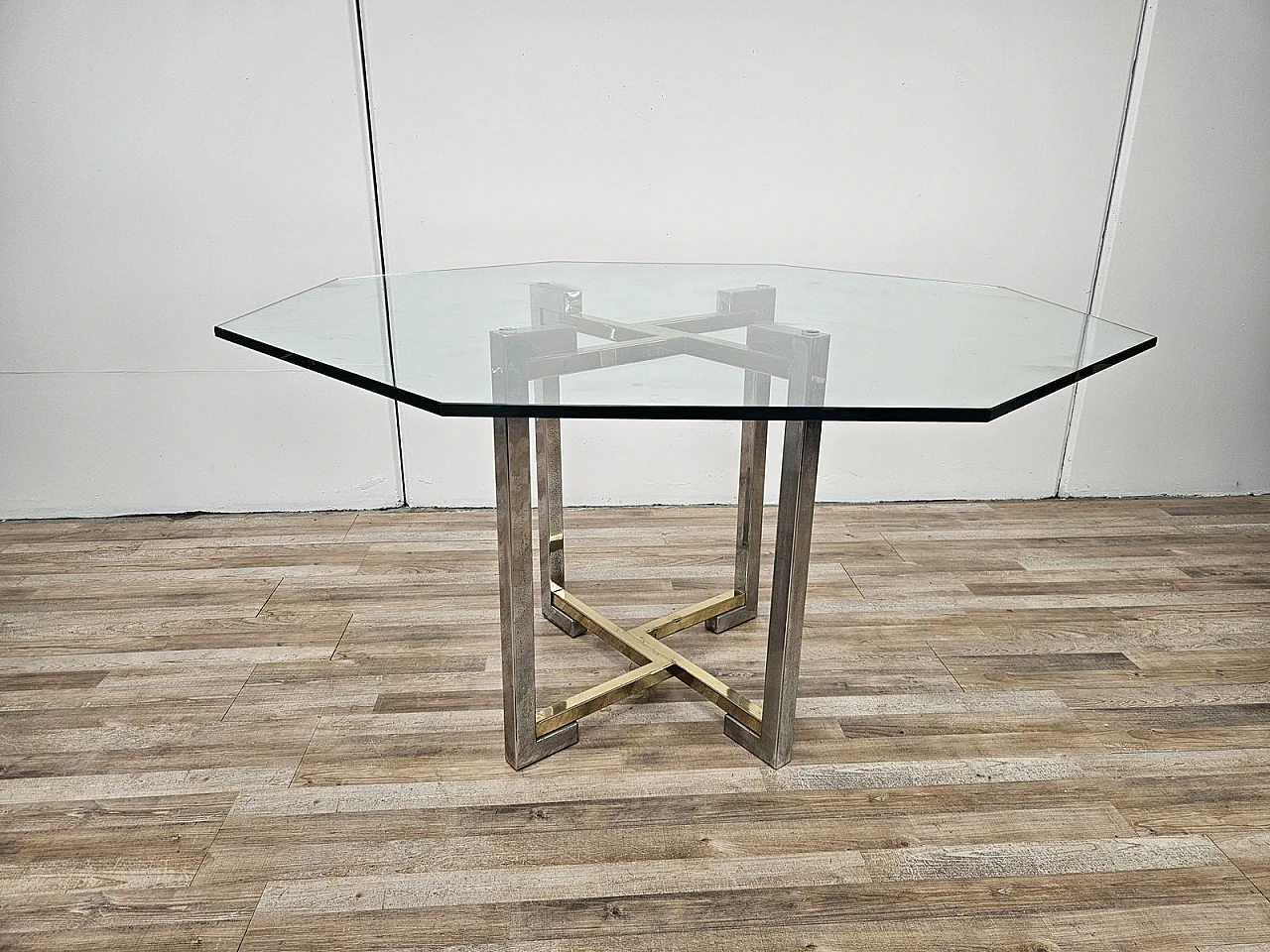 Regency Table in Chromed Metal and Brass with Hexagonal Glass Top, 1970 1