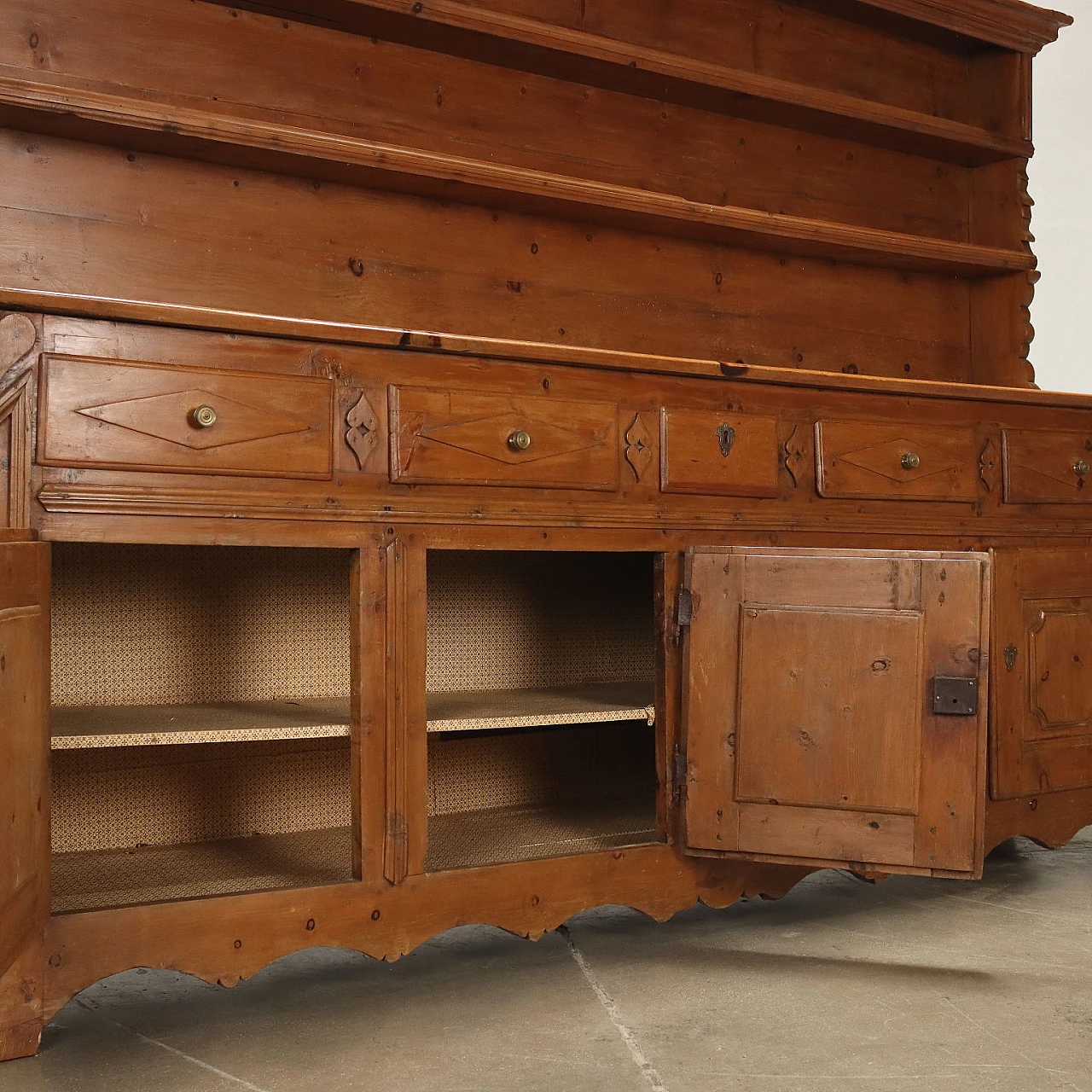 Double-bodied pine sideboard with doors, 5 drawers and risers 7